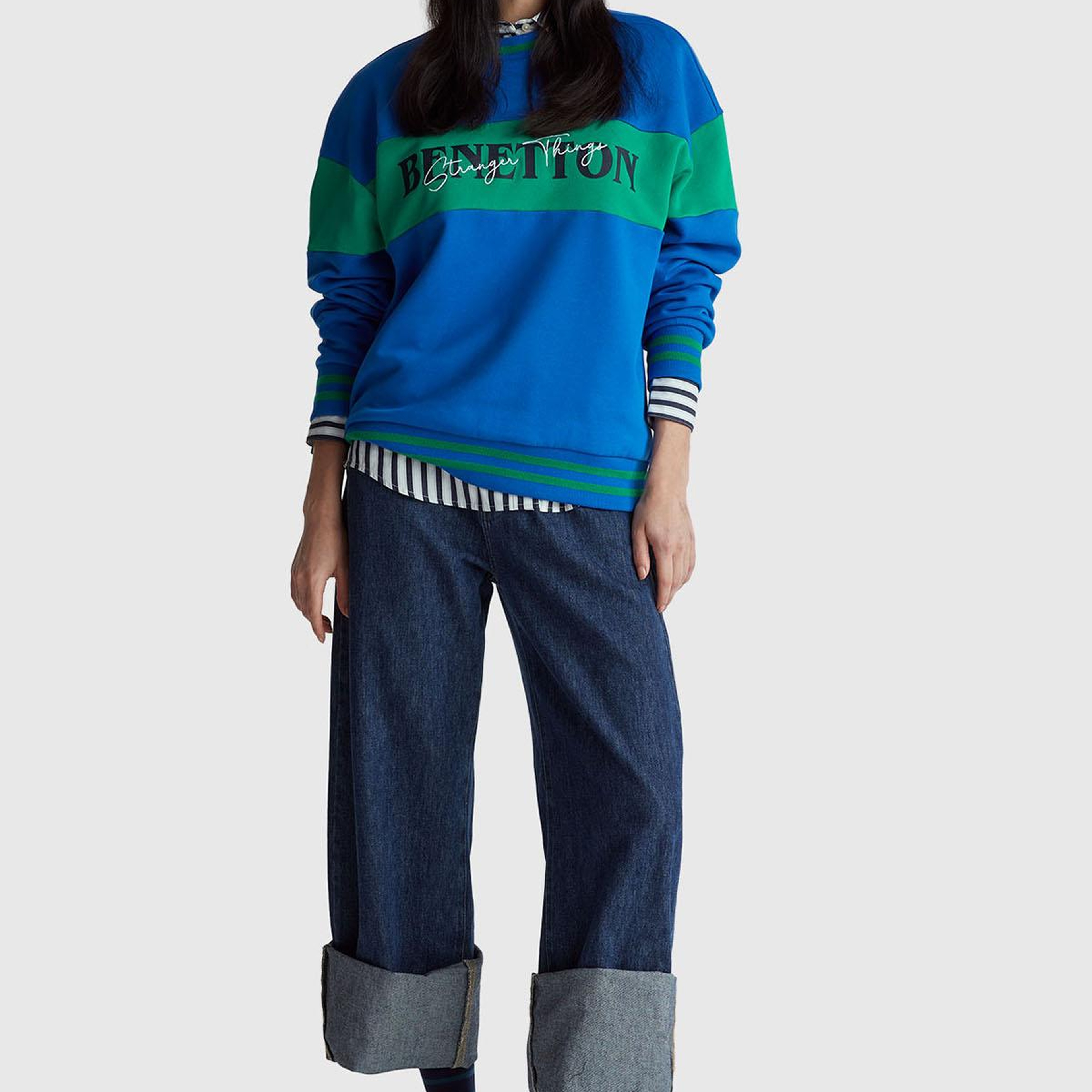 Unisex Mavi Stranger Things Renk Bloklu Sweatshirt