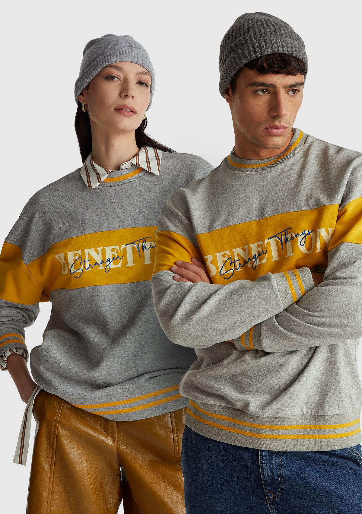 Unisex Gri Melanj Stranger Things Renk Bloklu Sweatshirt
