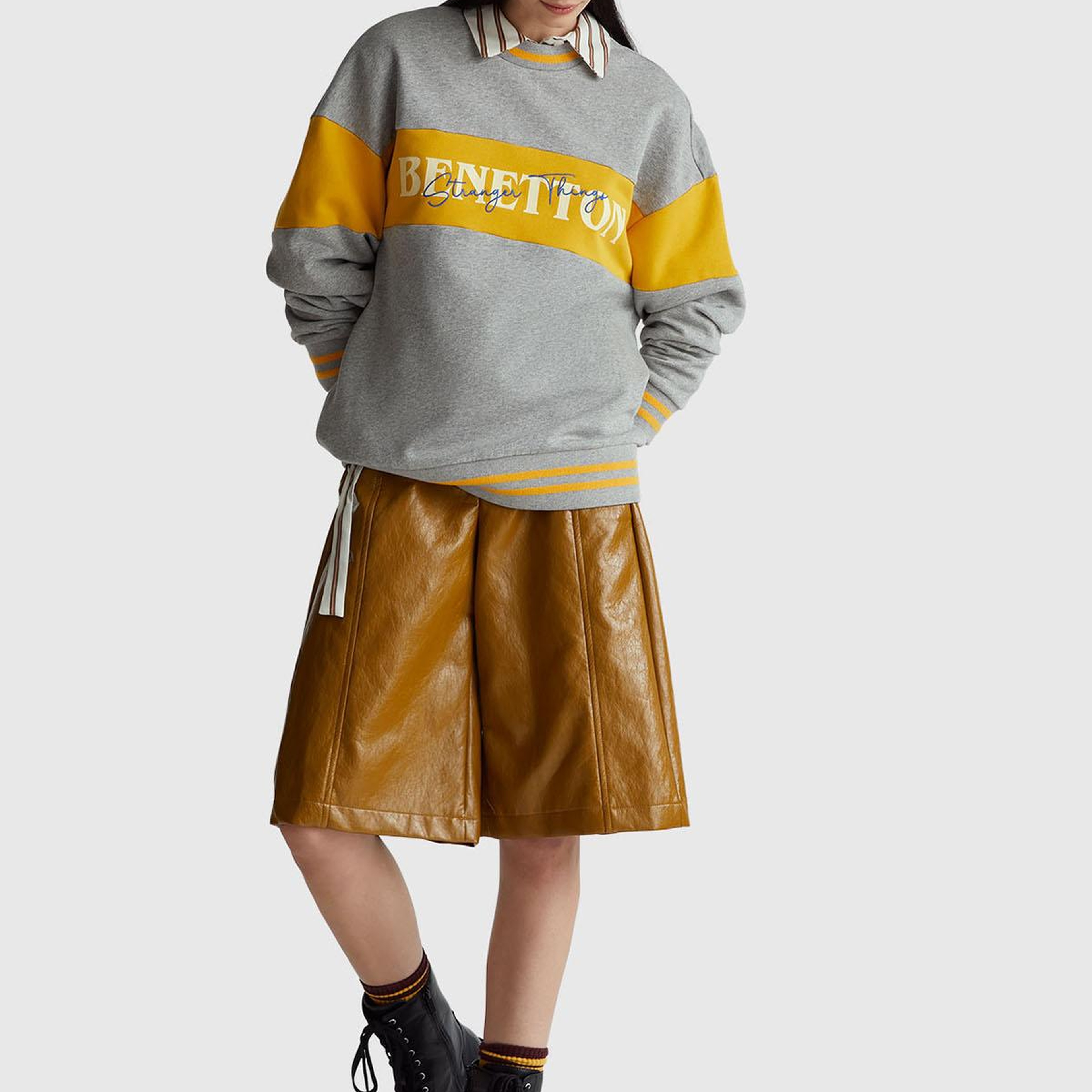 Unisex Gri Melanj Stranger Things Renk Bloklu Sweatshirt