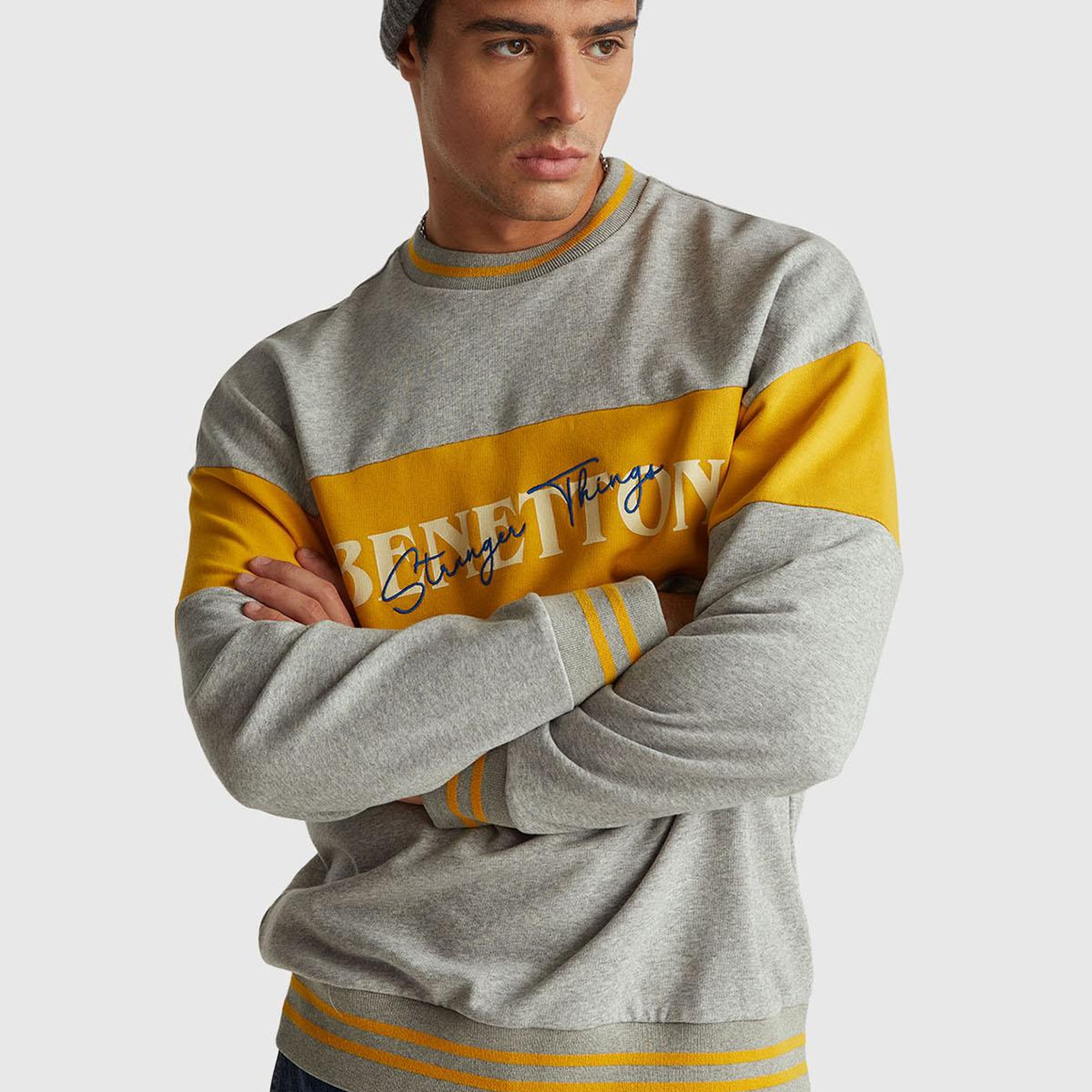 Unisex Gri Melanj Stranger Things Renk Bloklu Sweatshirt
