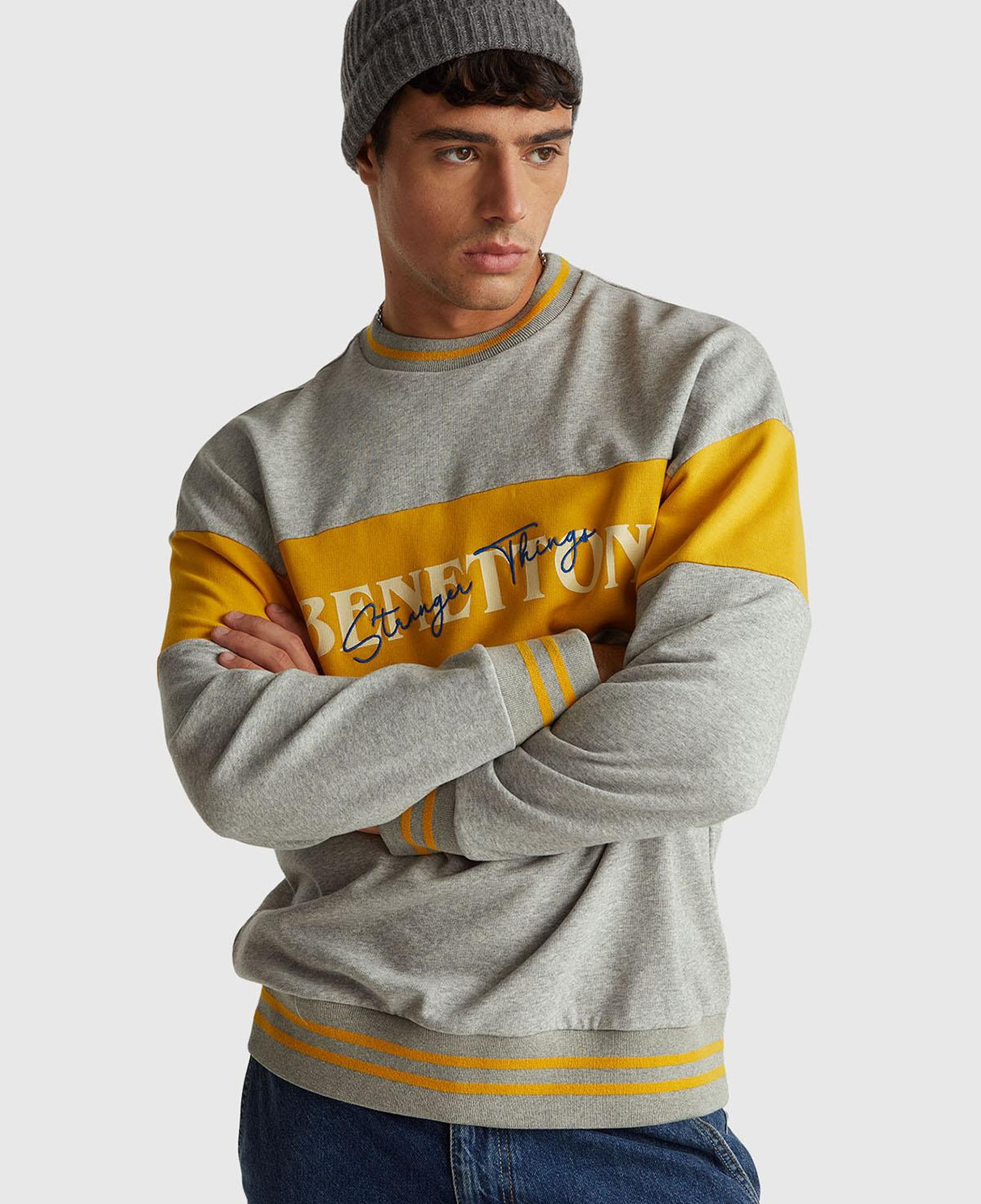 Unisex Gri Melanj Stranger Things Renk Bloklu Sweatshirt