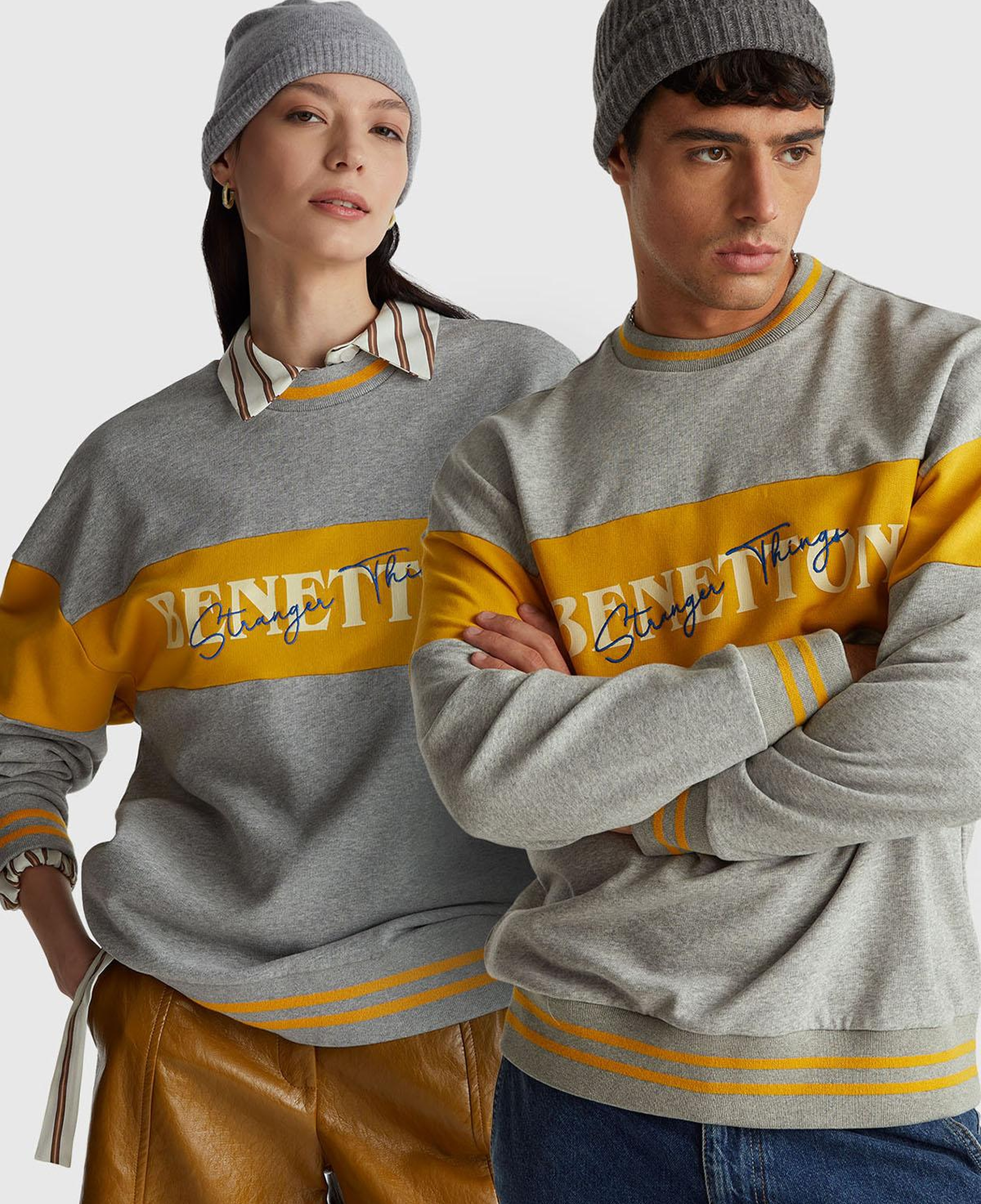 Unisex Gri Melanj Stranger Things Renk Bloklu Sweatshirt