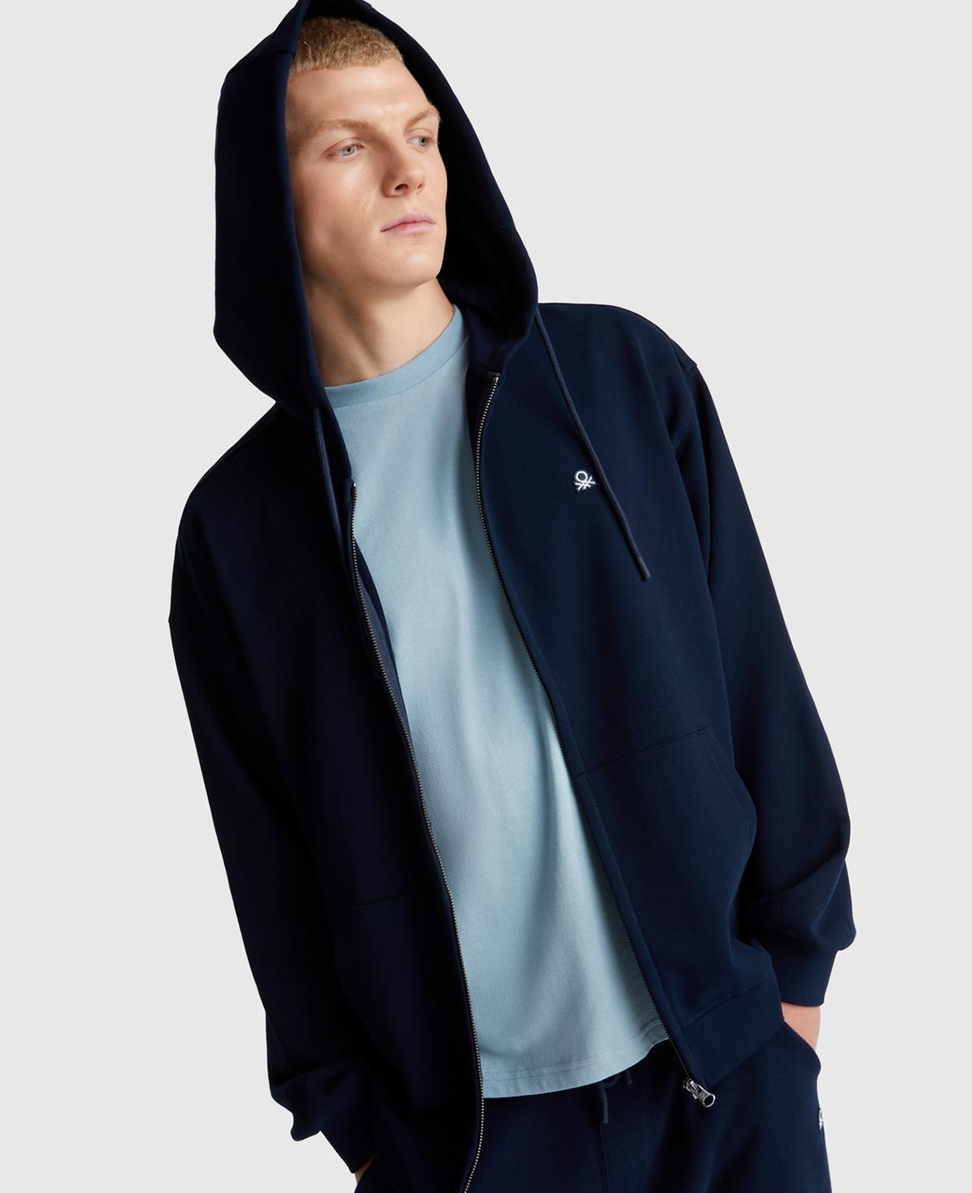 Erkek Lacivert %100 Pamuk Dar Kesim Fermuarlı Kapüşonlu Sweatshirt