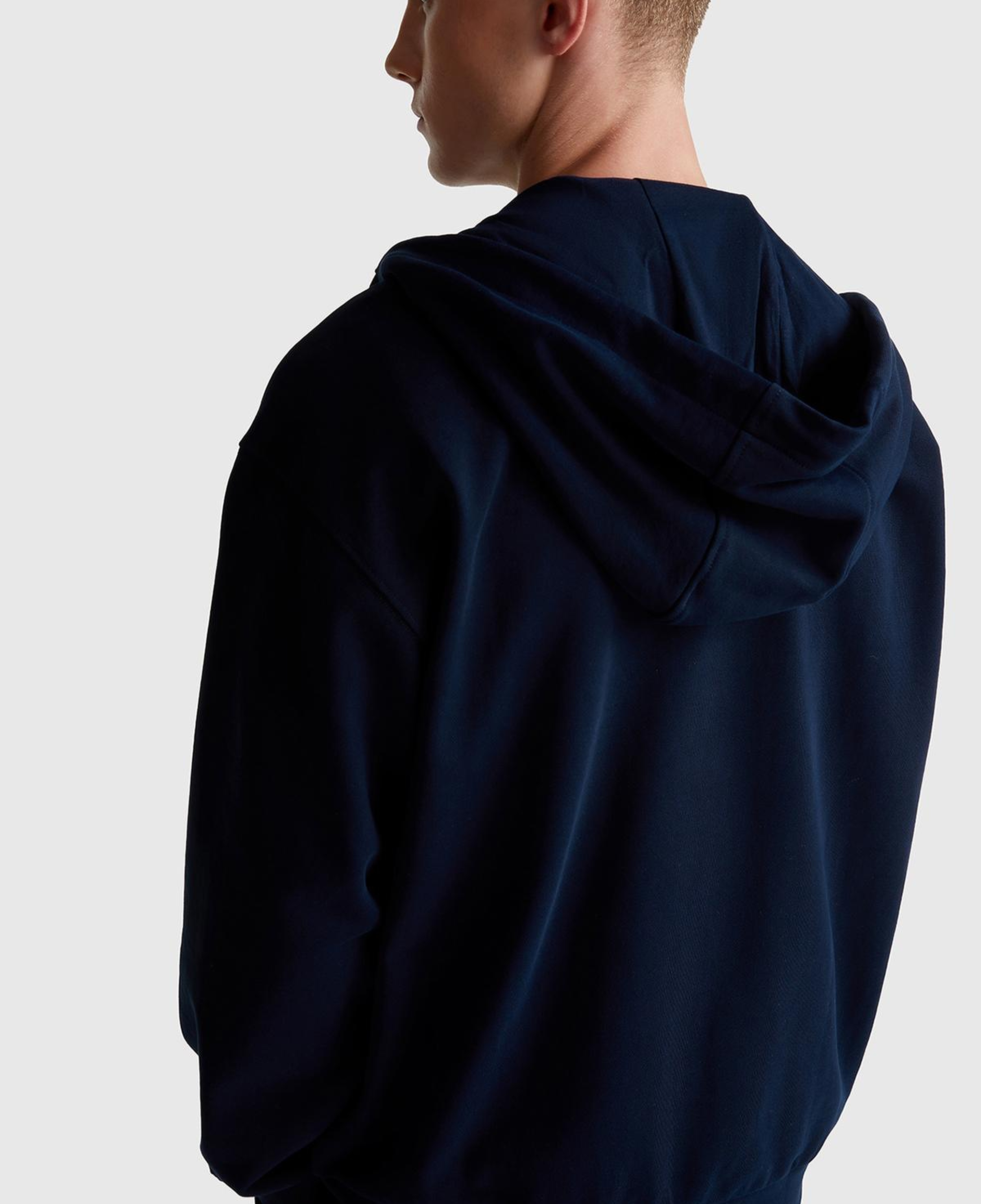 Erkek Lacivert %100 Pamuk Dar Kesim Fermuarlı Kapüşonlu Sweatshirt