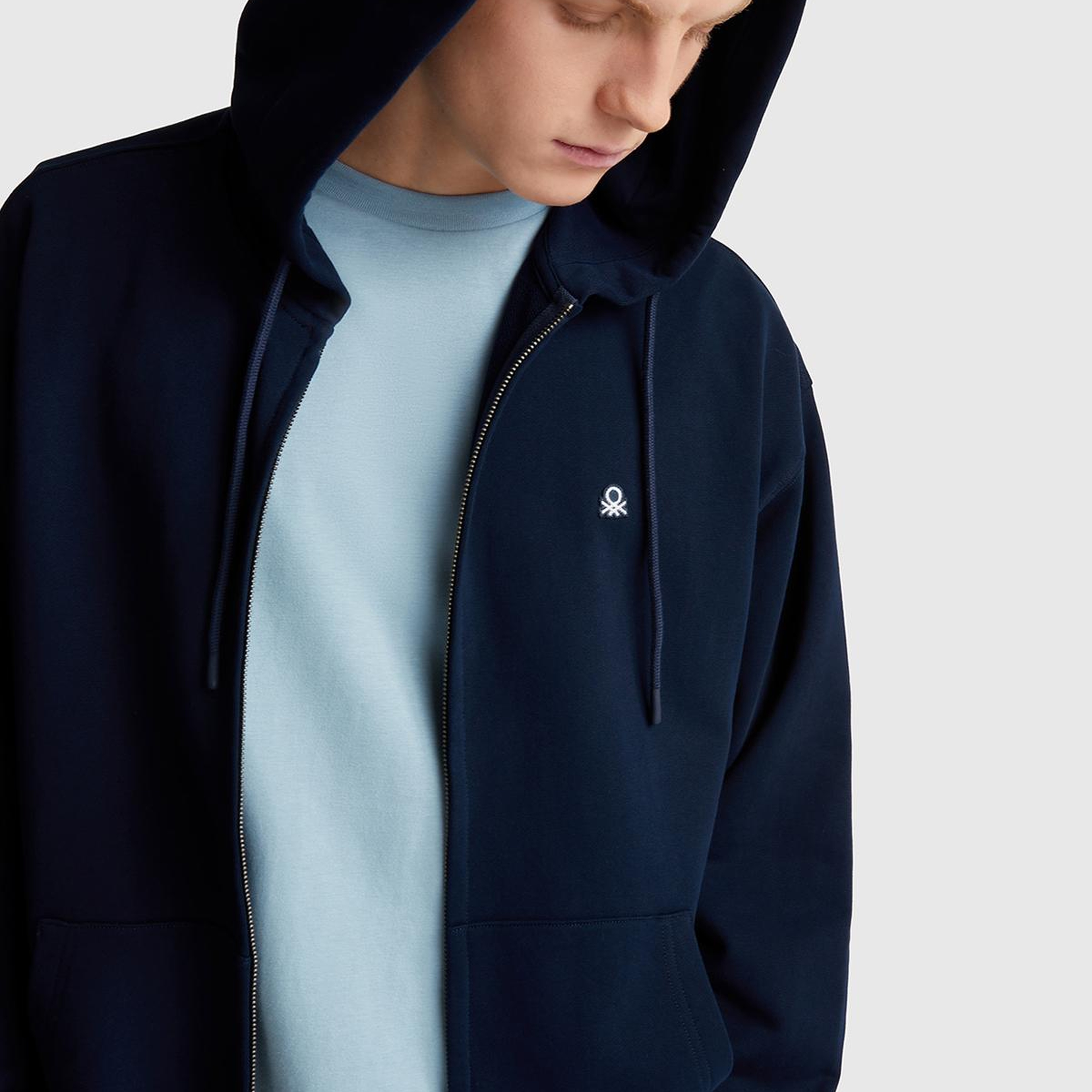 Erkek Lacivert %100 Pamuk Dar Kesim Fermuarlı Kapüşonlu Sweatshirt