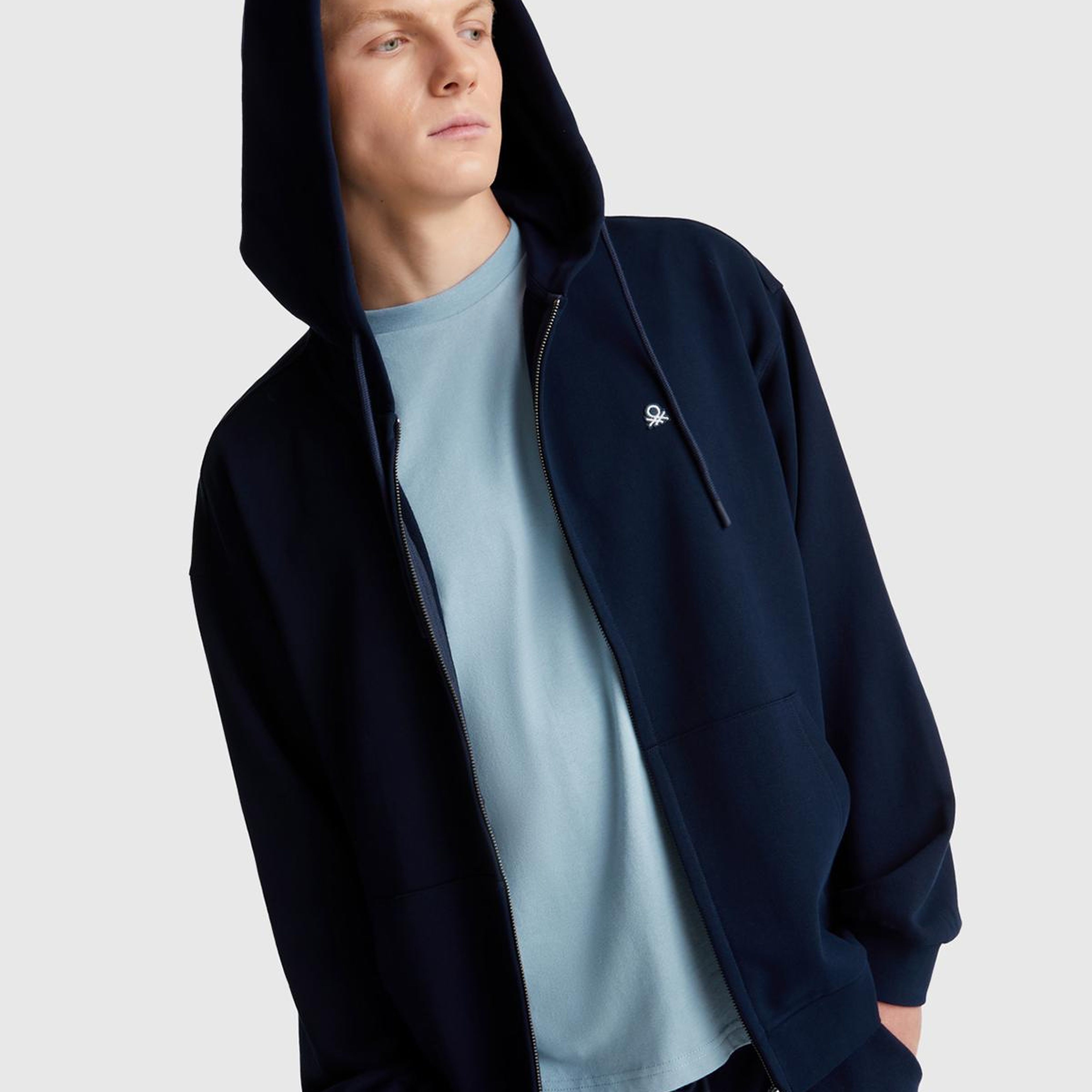 Erkek Lacivert %100 Pamuk Dar Kesim Fermuarlı Kapüşonlu Sweatshirt