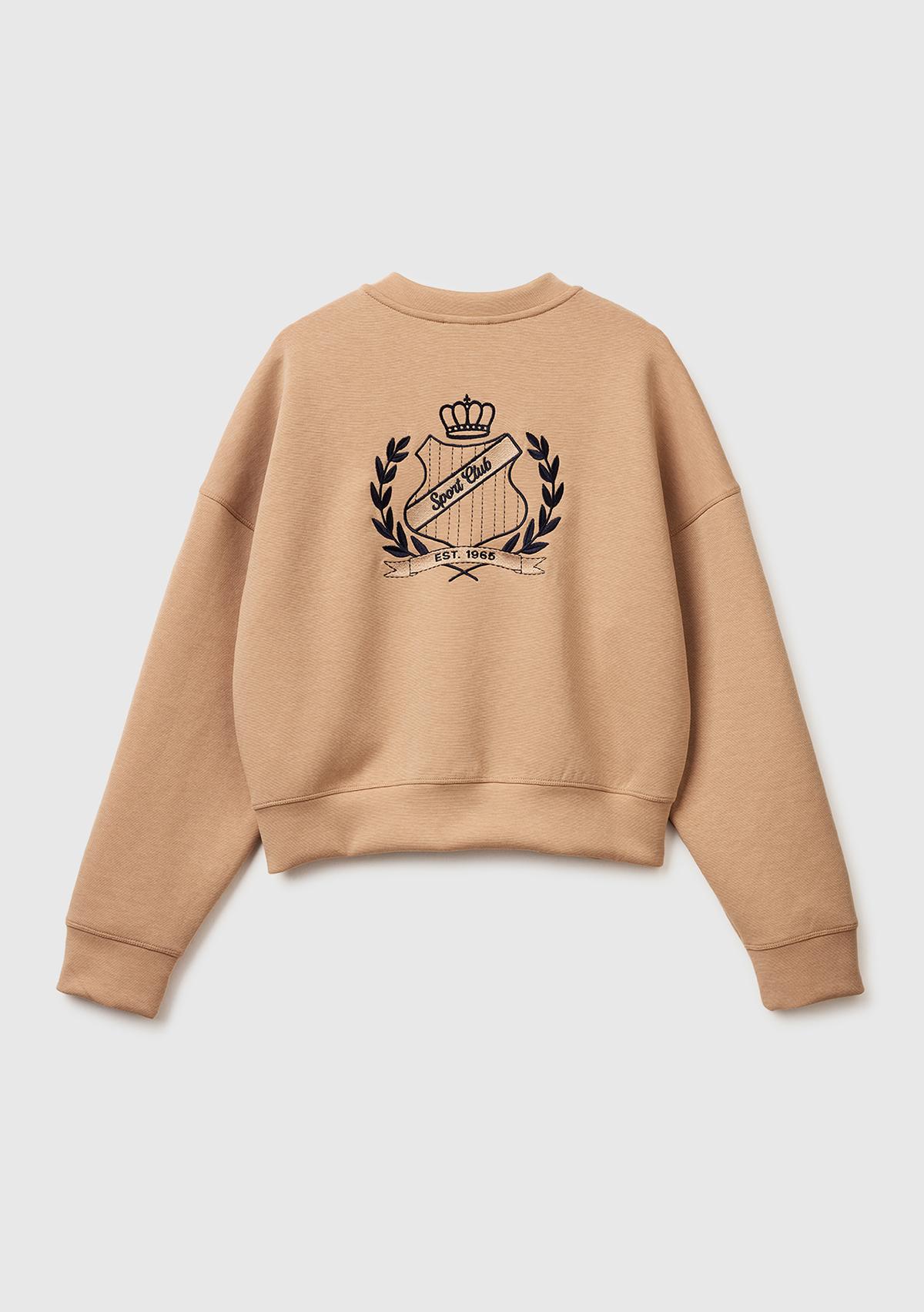 Kadın Bej Pamuk ve Modal Karışımlı Arkası İşlemeli Bisiklet Yaka Sweatshirt