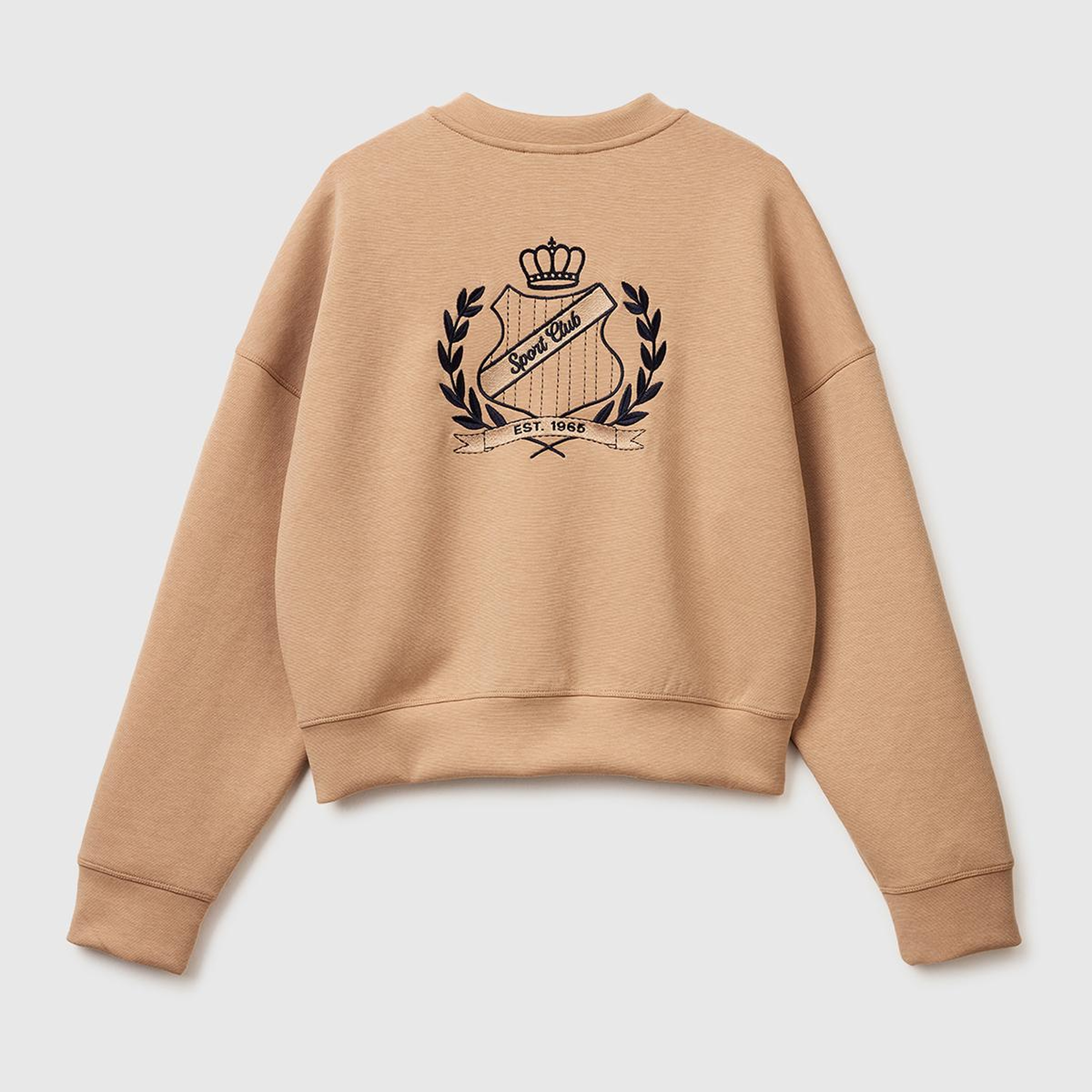 Kadın Bej Pamuk ve Modal Karışımlı Arkası İşlemeli Bisiklet Yaka Sweatshirt
