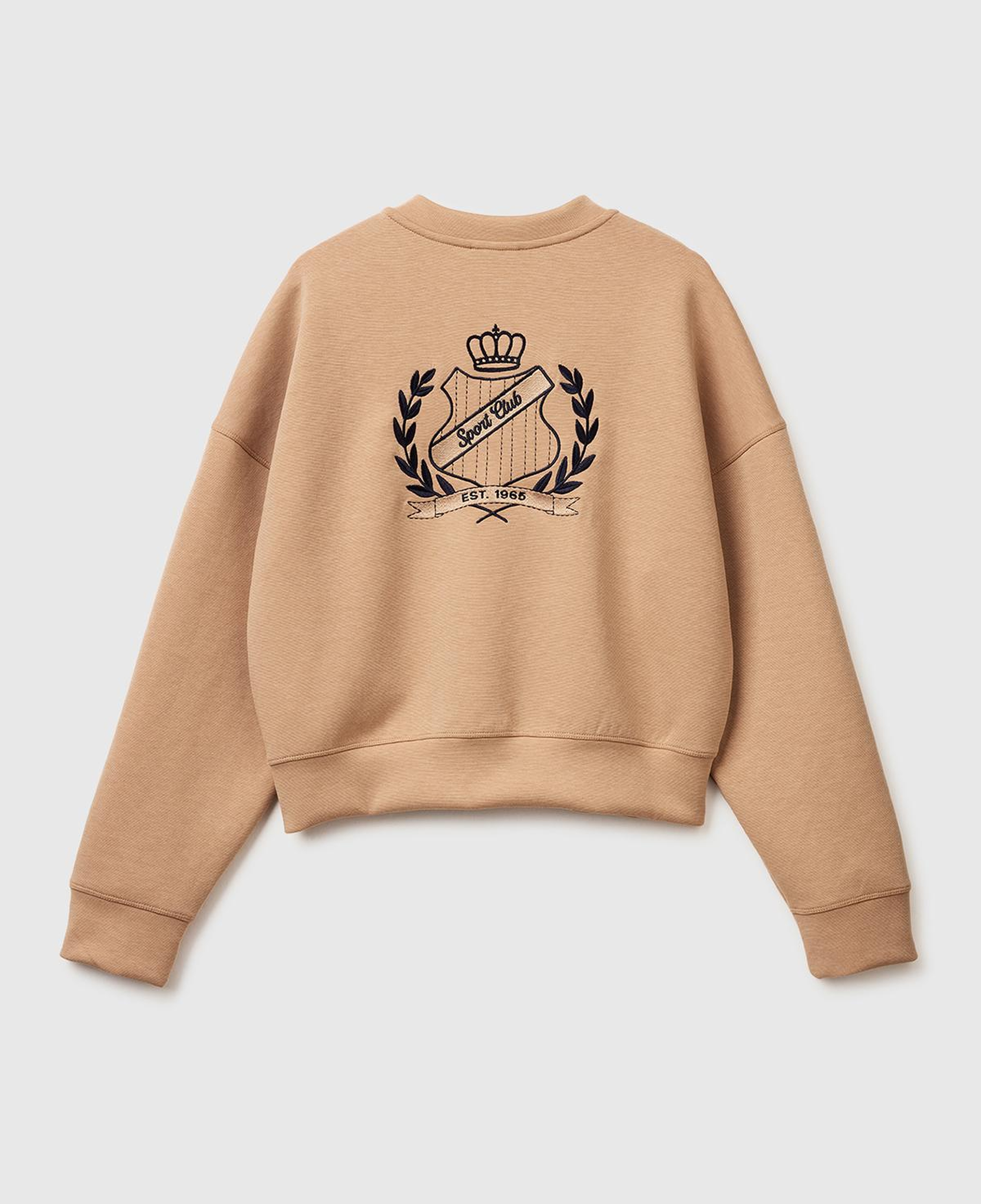 Kadın Bej Pamuk ve Modal Karışımlı Arkası İşlemeli Bisiklet Yaka Sweatshirt