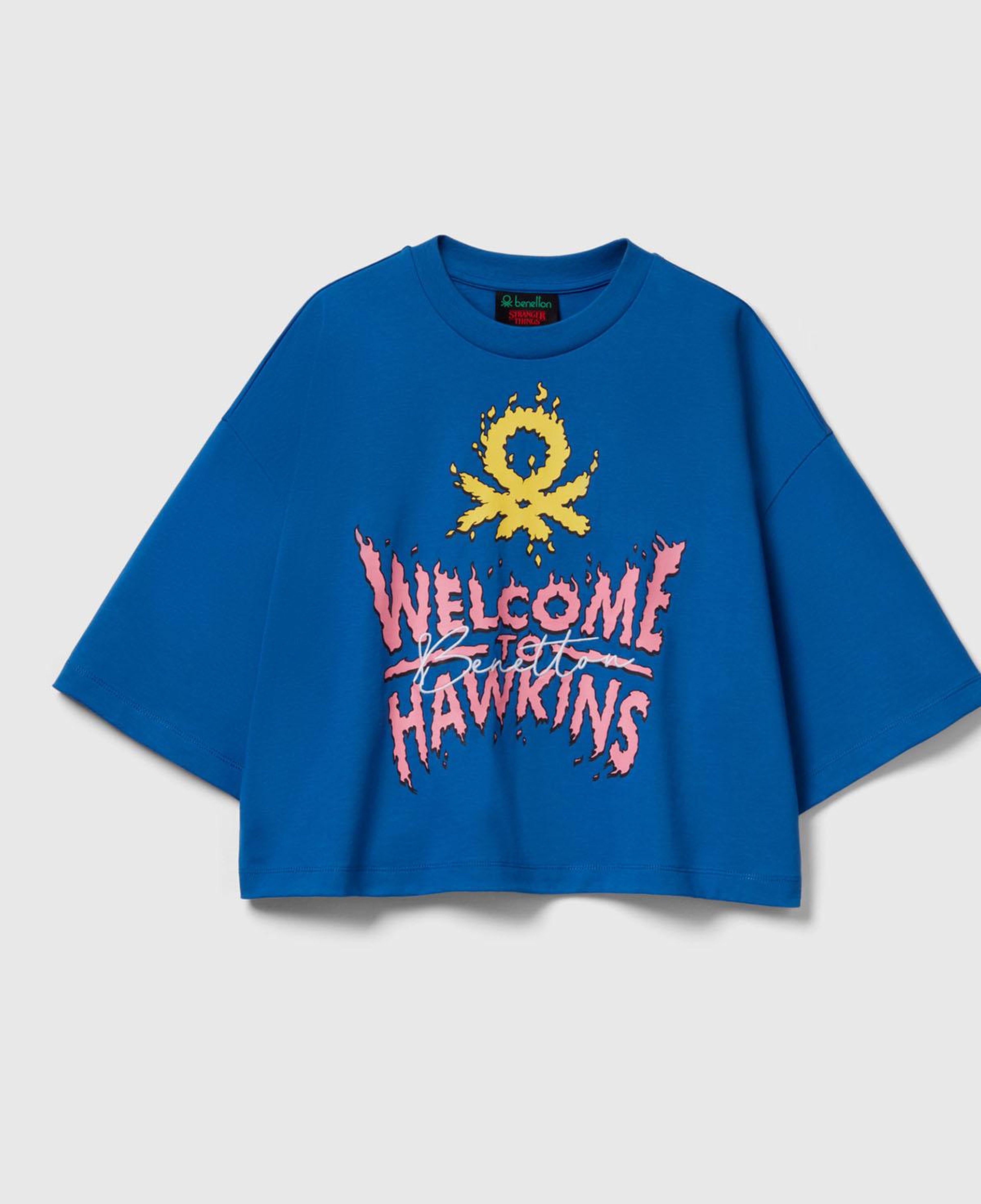Kadın Mavi  %100 Pamuk Boxy Fit Crop Stranger Things Baskılı T-shirt