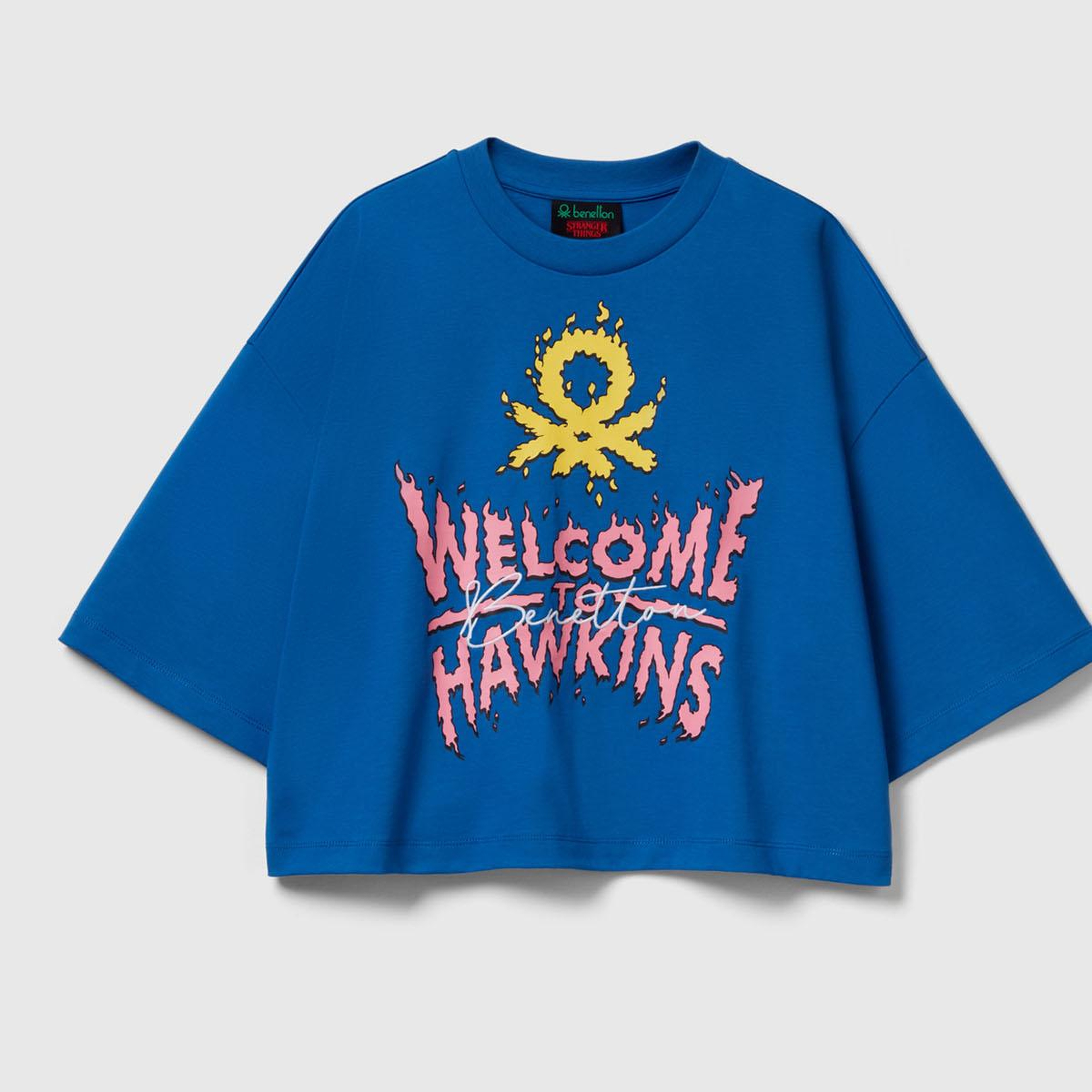 Kadın Mavi  %100 Pamuk Boxy Fit Crop Stranger Things Baskılı T-shirt