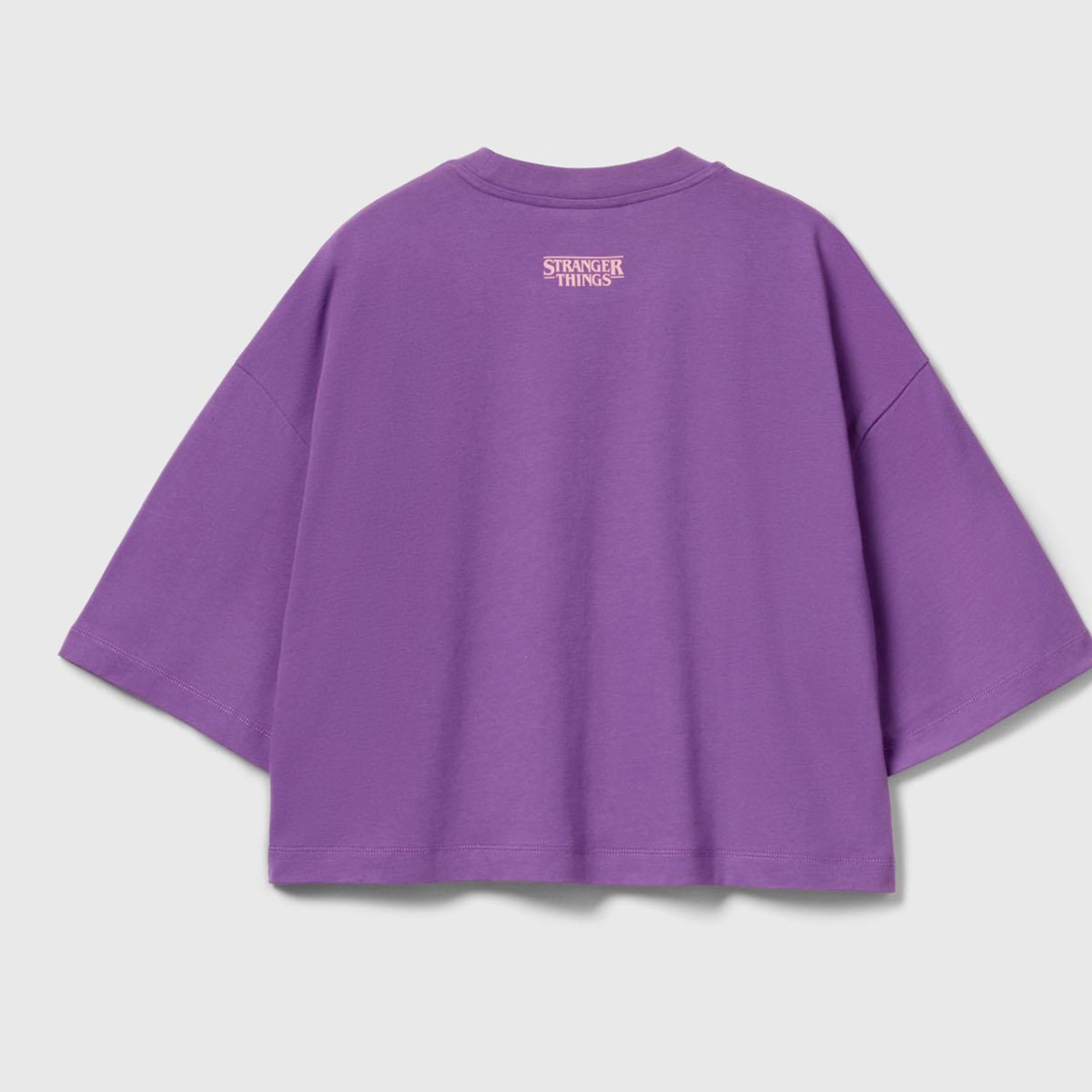Kadın Mor  %100 Pamuk Boxy Fit Crop Stranger Things Baskılı T-shirt