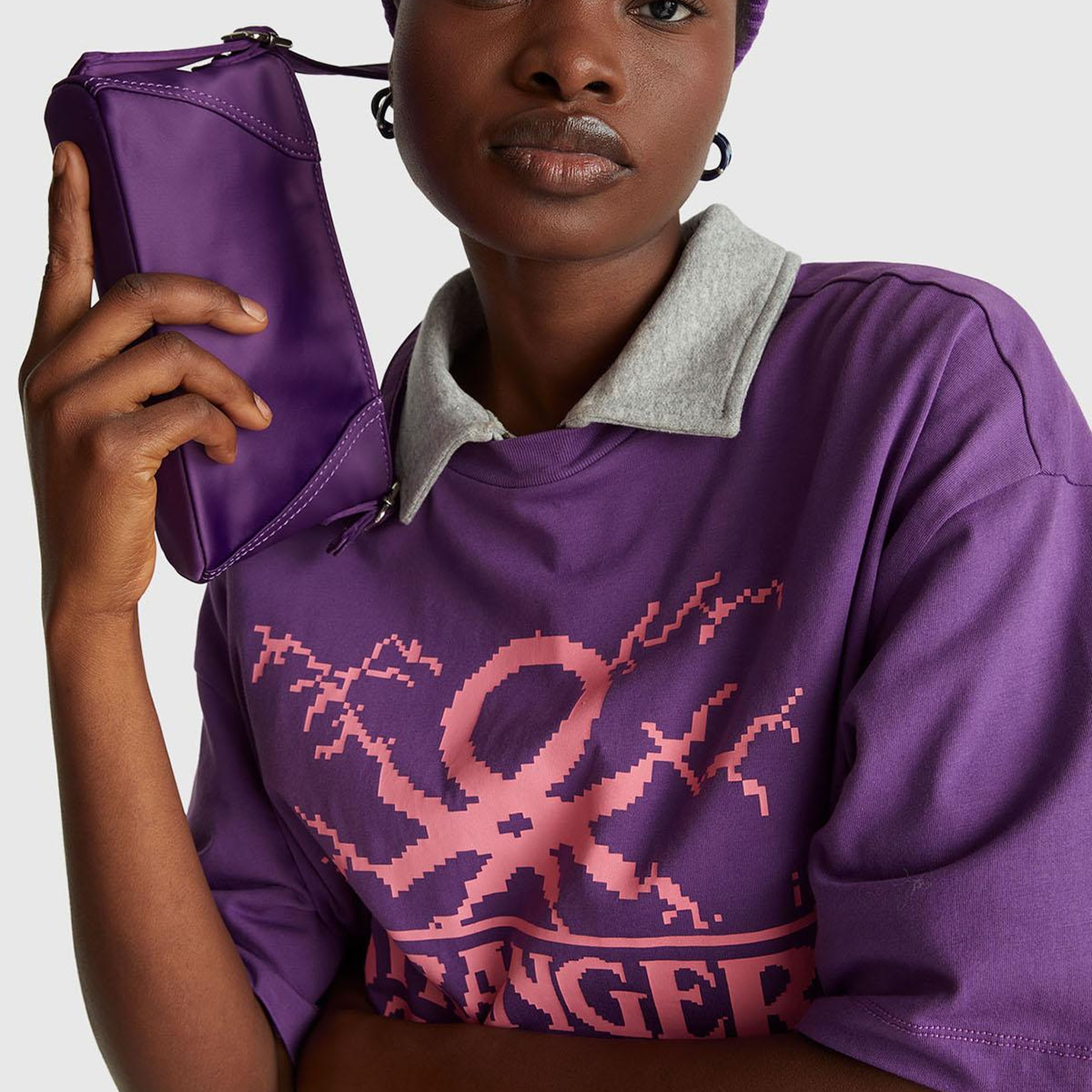 Kadın Mor  %100 Pamuk Boxy Fit Crop Stranger Things Baskılı T-shirt