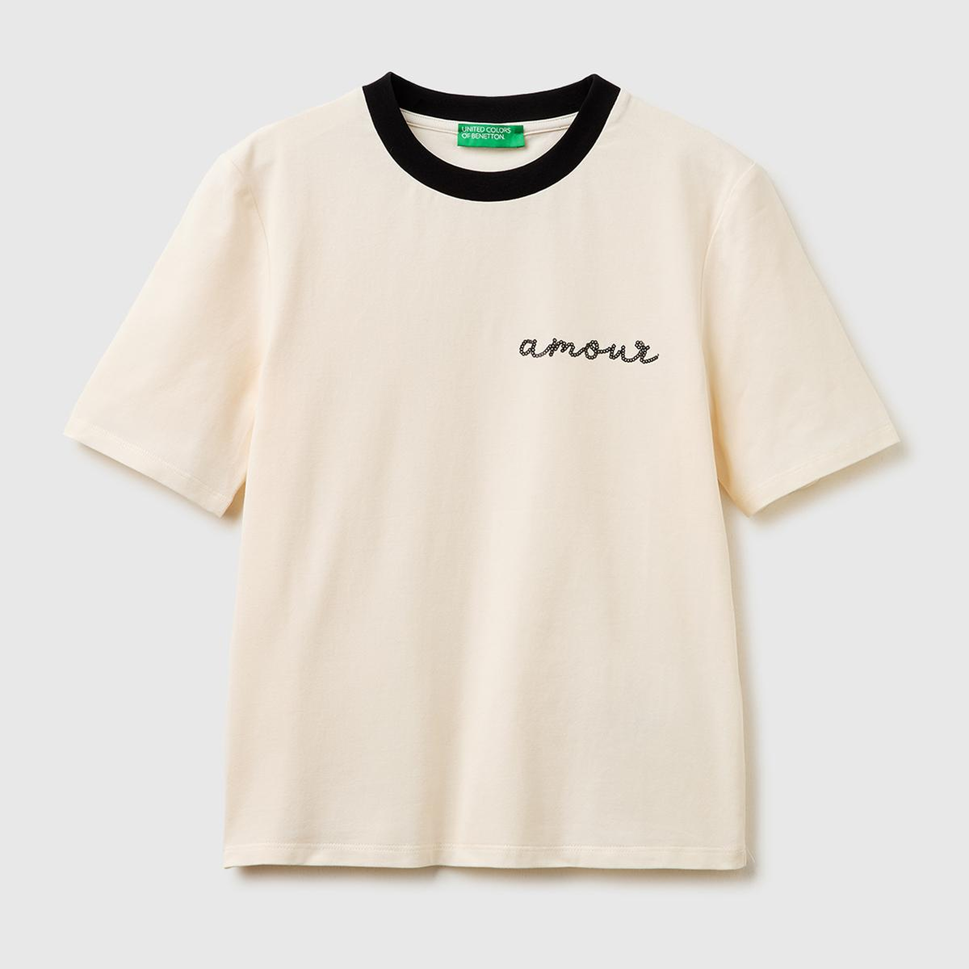 Kadın Krem Pamuk Karışımlı Payetli Nakışlı Bisiklet Yaka T-Shirt