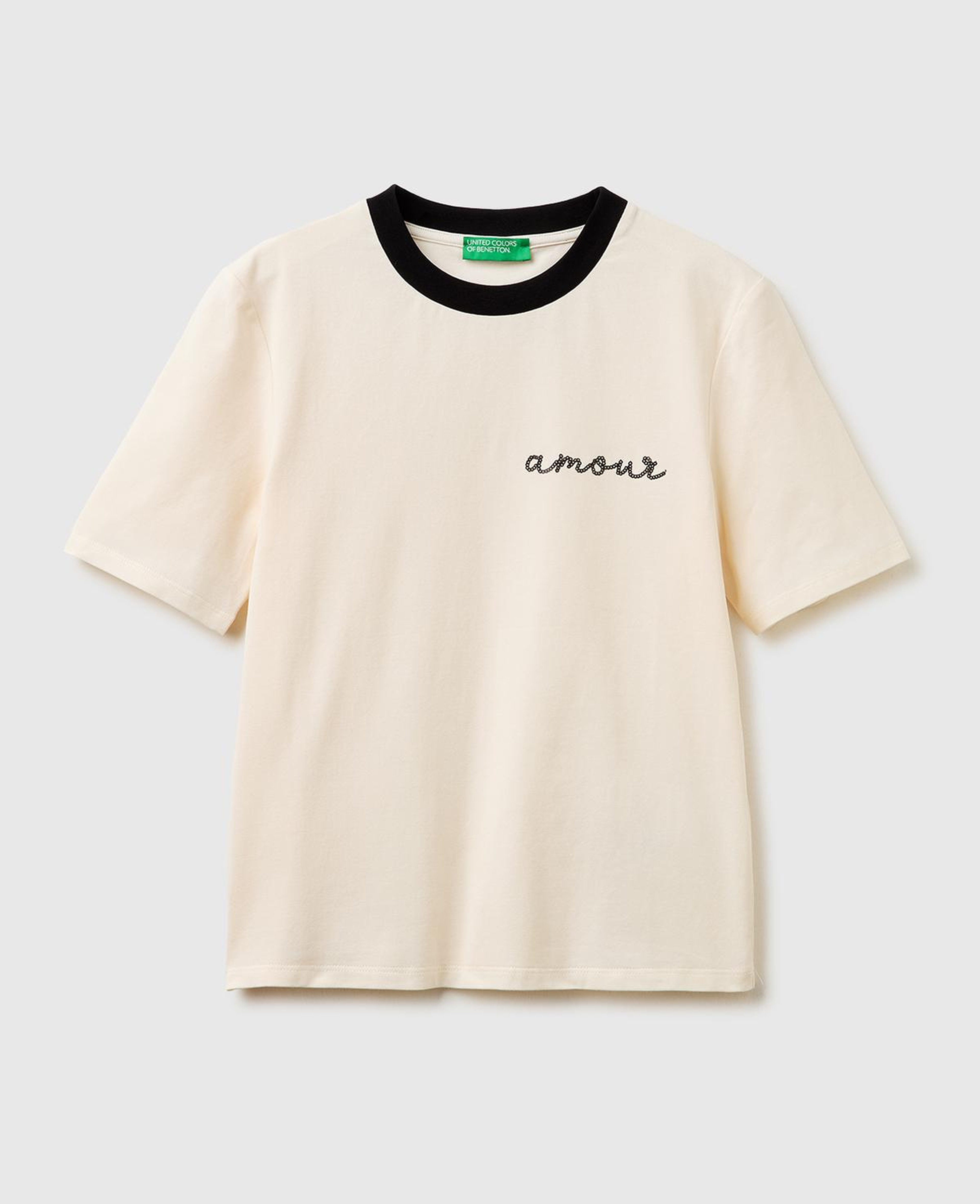 Kadın Krem Pamuk Karışımlı Payetli Nakışlı Bisiklet Yaka T-Shirt