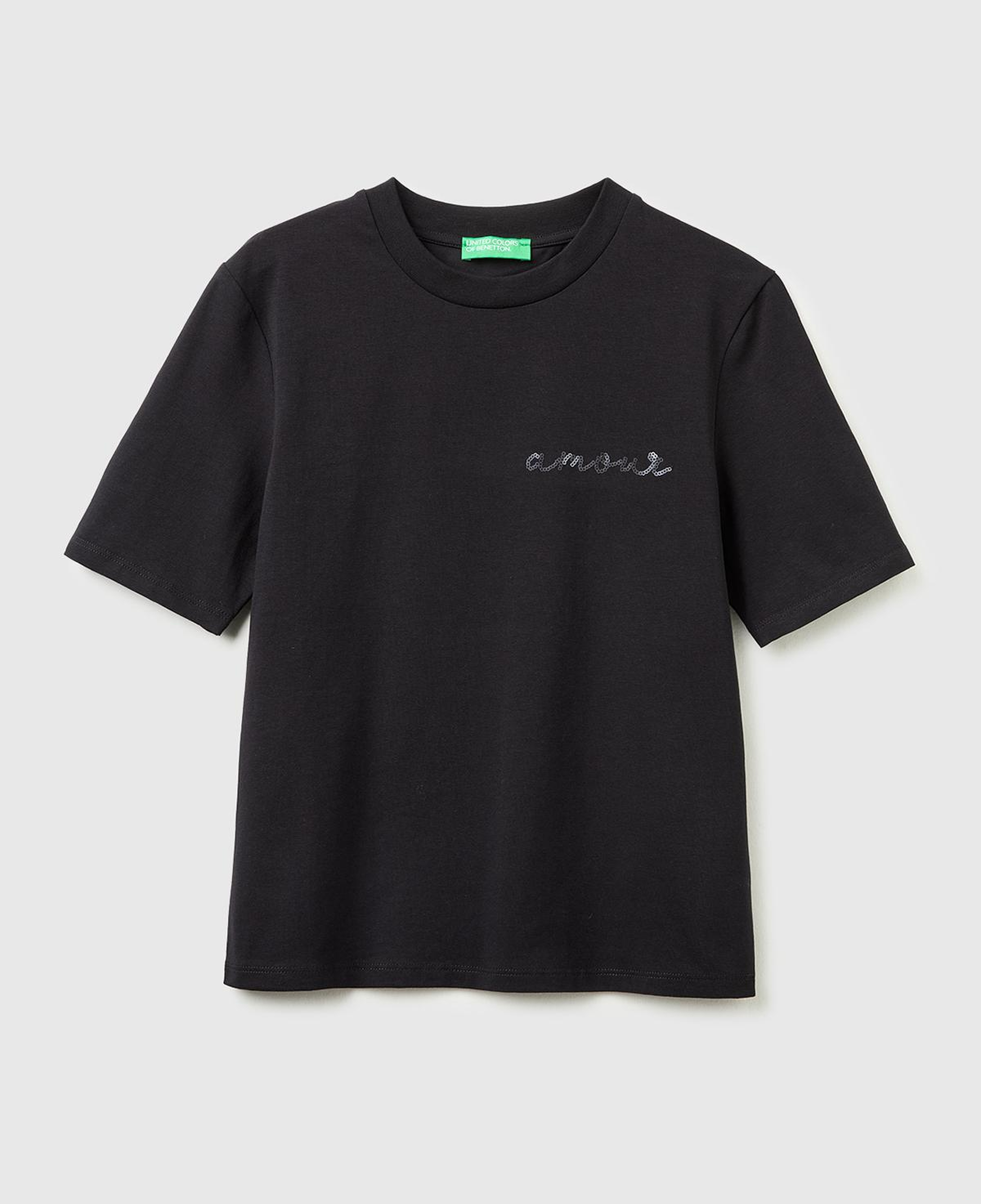 Kadın Siyah Pamuk Karışımlı Payetli Nakışlı Bisiklet Yaka T-Shirt