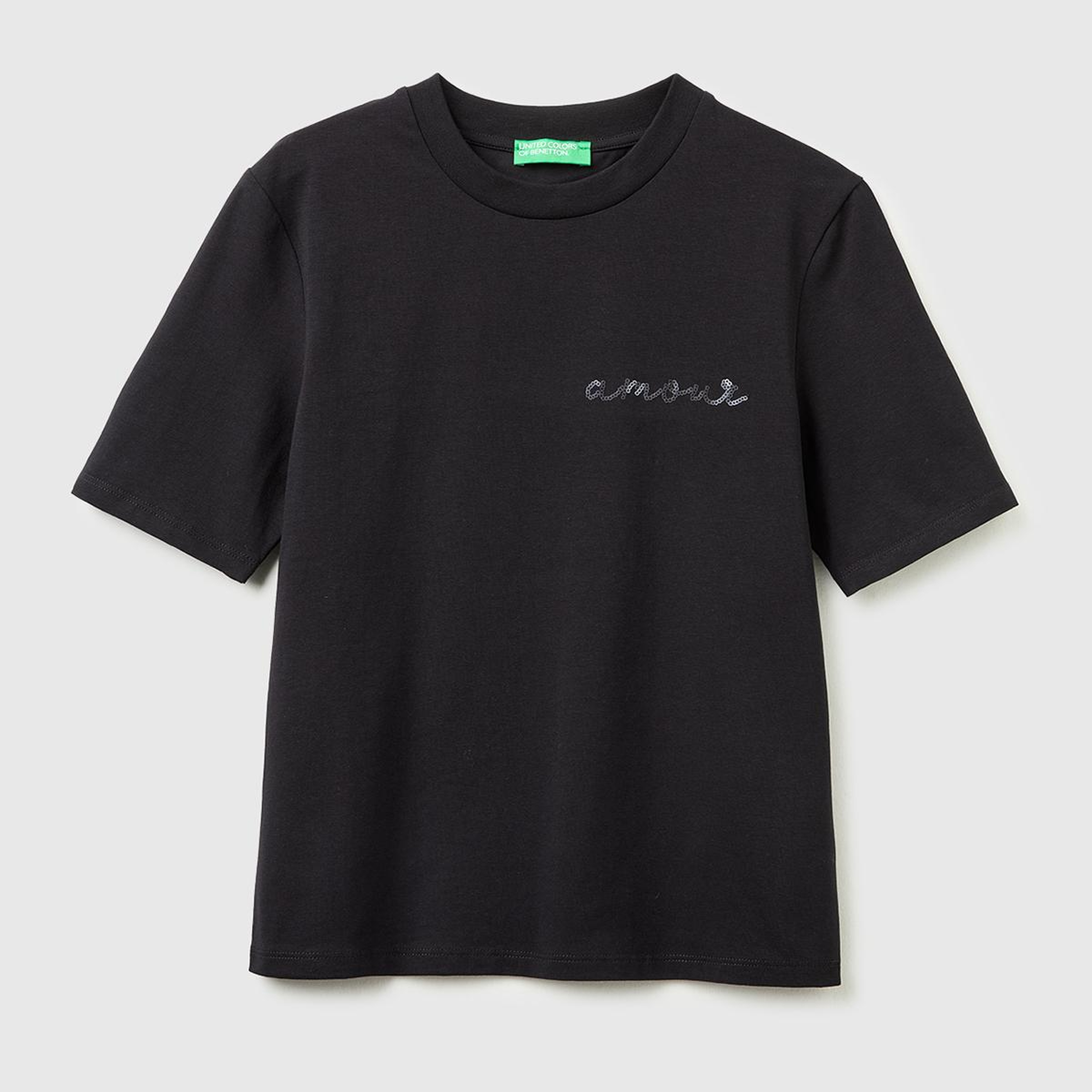 Kadın Siyah Pamuk Karışımlı Payetli Nakışlı Bisiklet Yaka T-Shirt