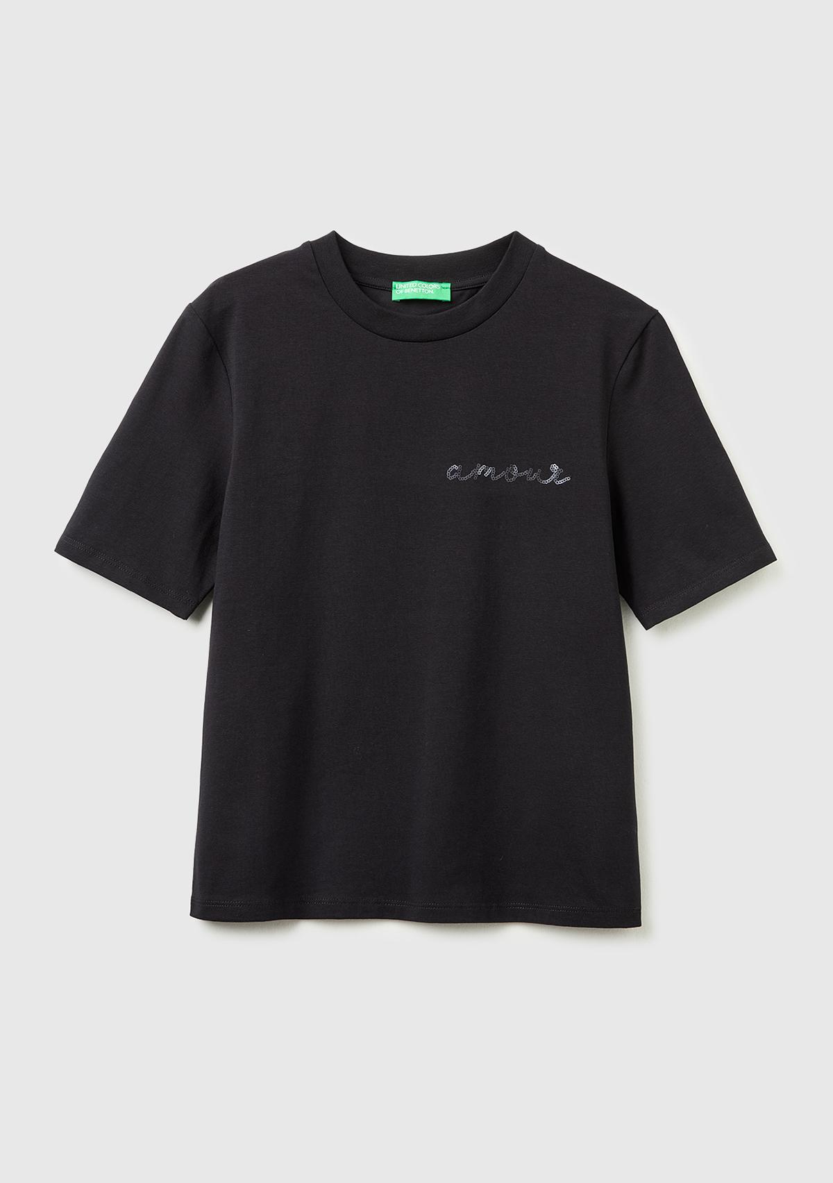Kadın Siyah Pamuk Karışımlı Payetli Nakışlı Bisiklet Yaka T-Shirt