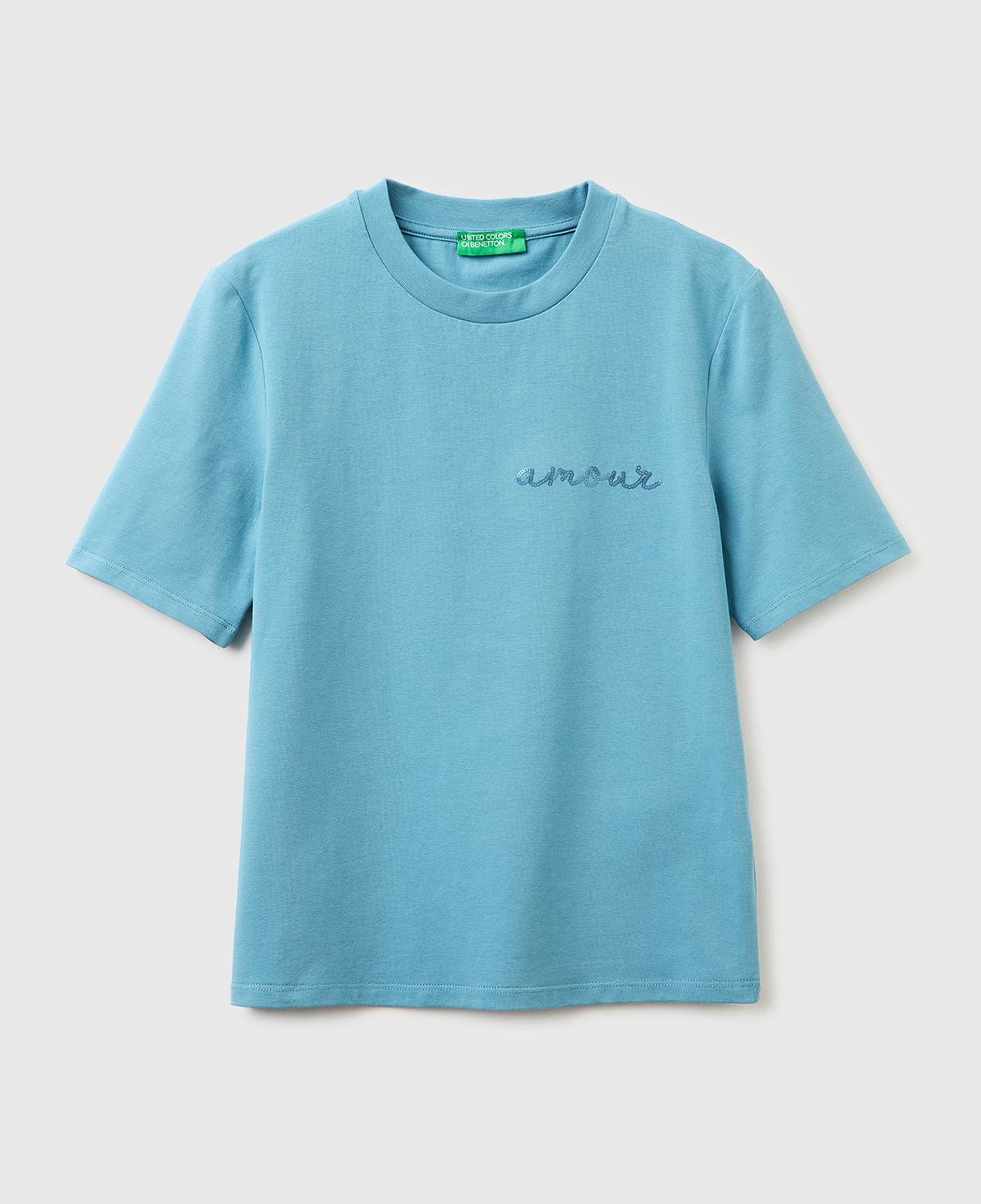 Kadın Açık Mavi Pamuk Karışımlı Payetli Nakışlı Bisiklet Yaka T-Shirt