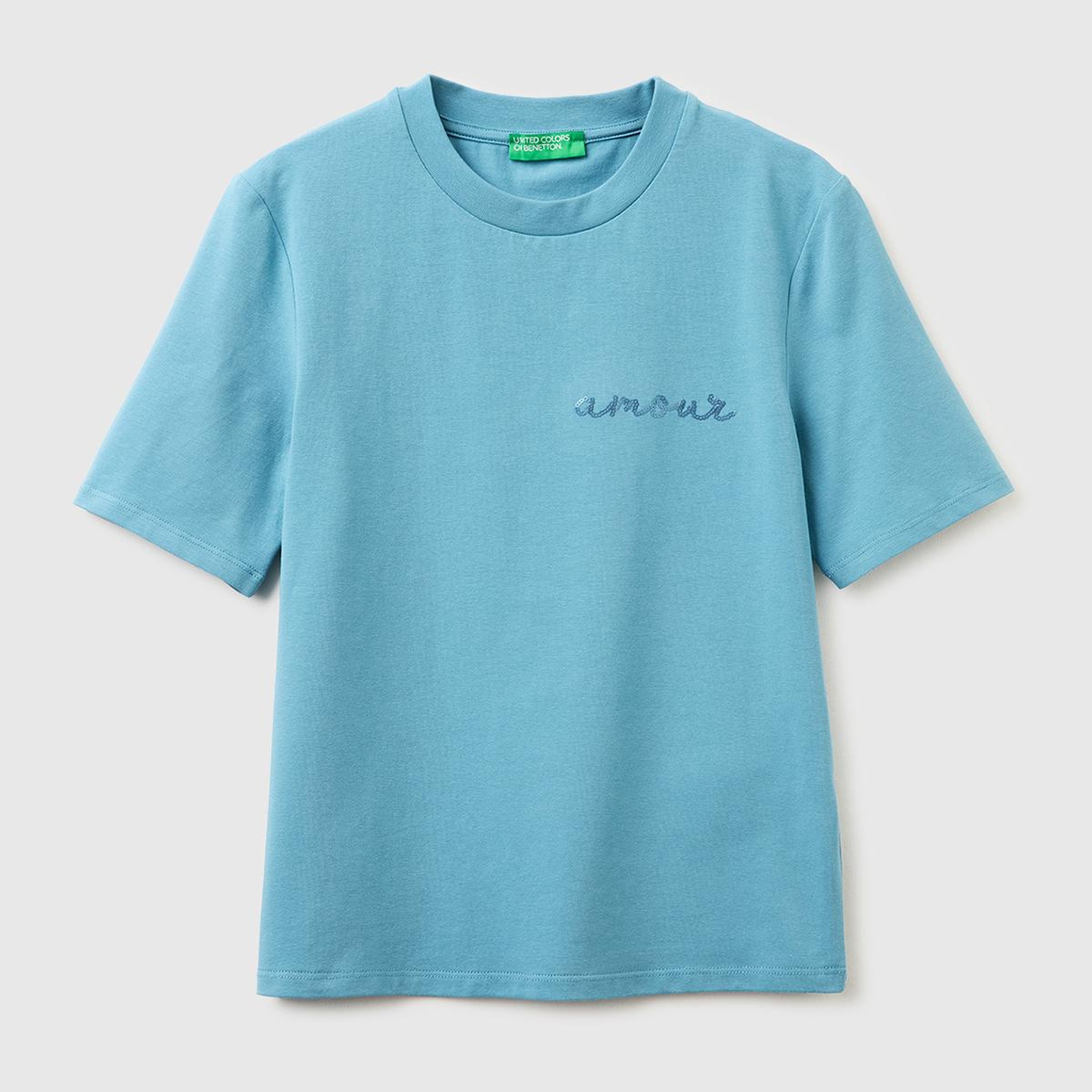 Kadın Açık Mavi Pamuk Karışımlı Payetli Nakışlı Bisiklet Yaka T-Shirt