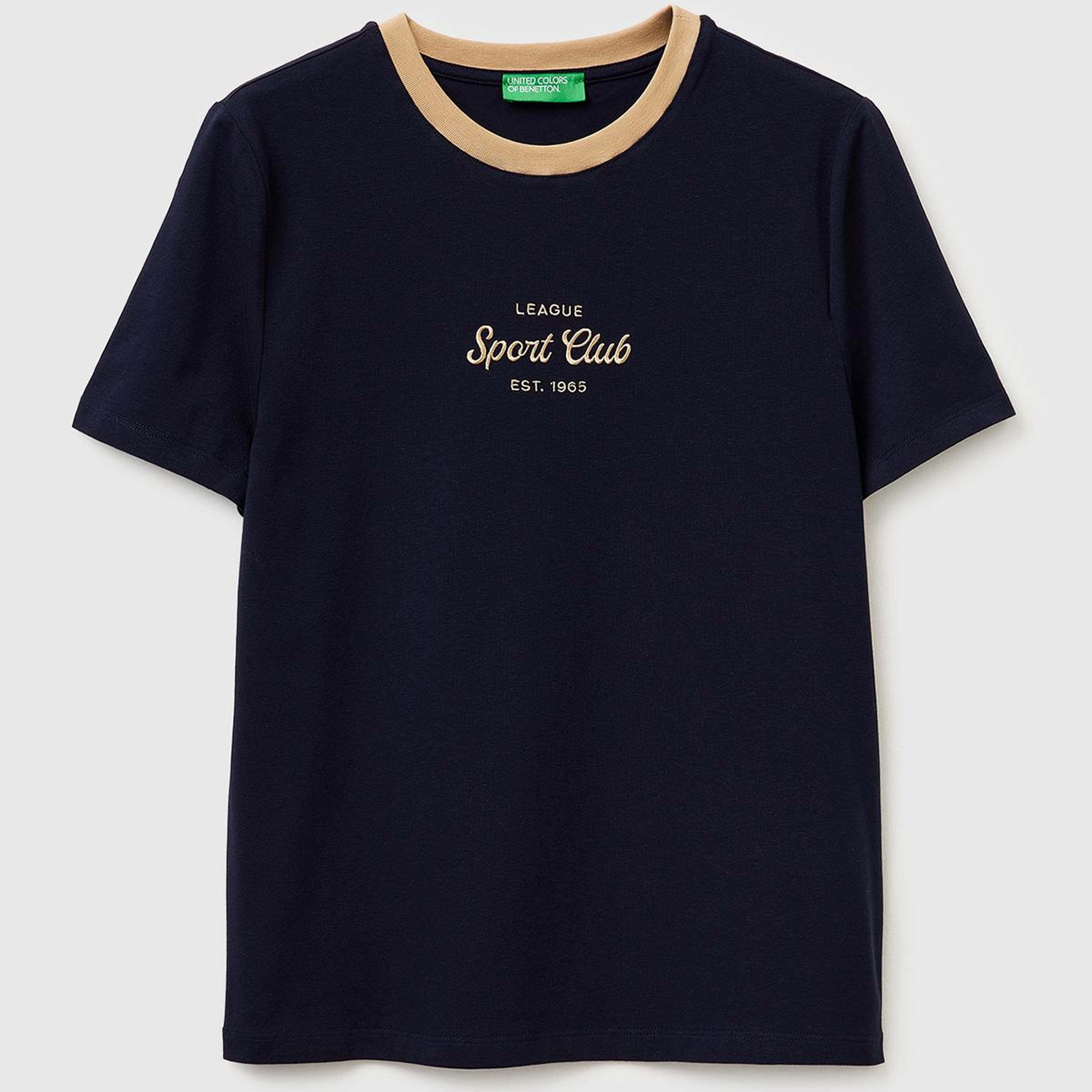 Kadın Lacivert Pamuk Karışımlı Önü İşlemeli Bisiklet Yaka T-Shirt