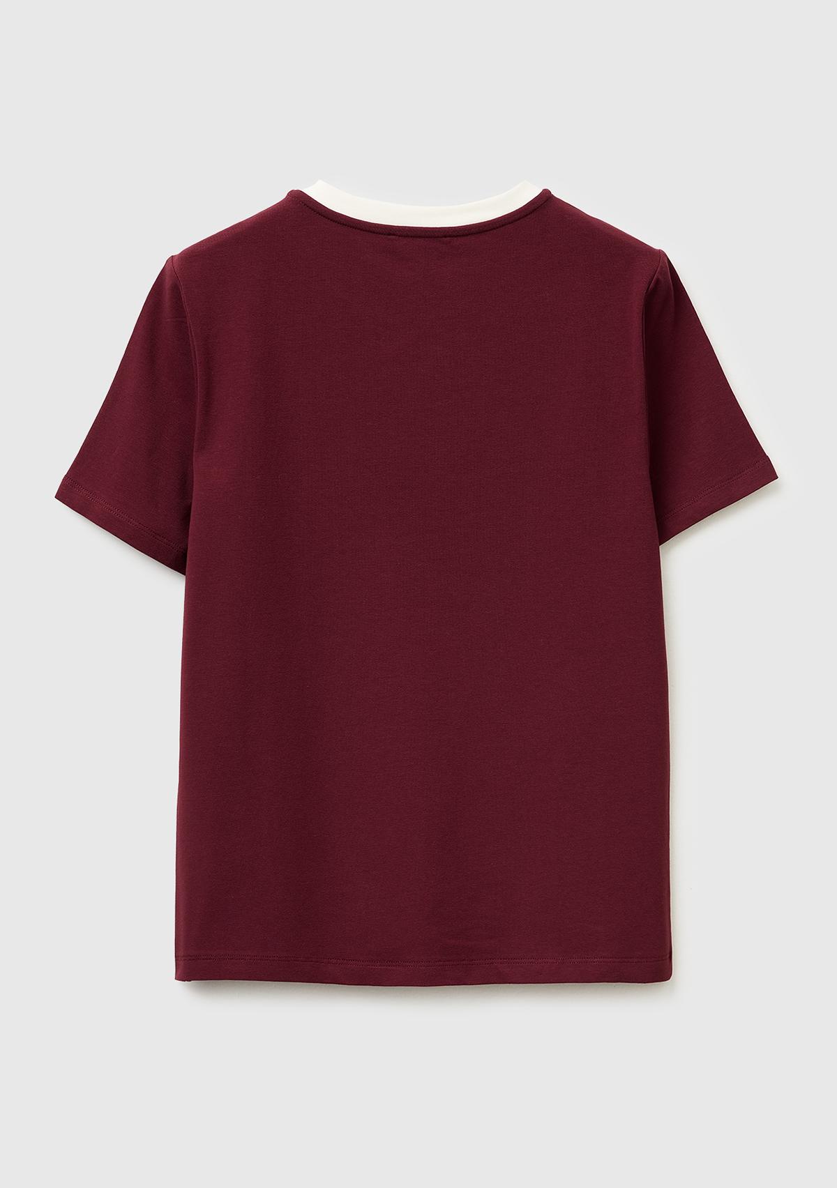 Kadın Bordo Pamuk Karışımlı Önü İşlemeli Bisiklet Yaka T-Shirt