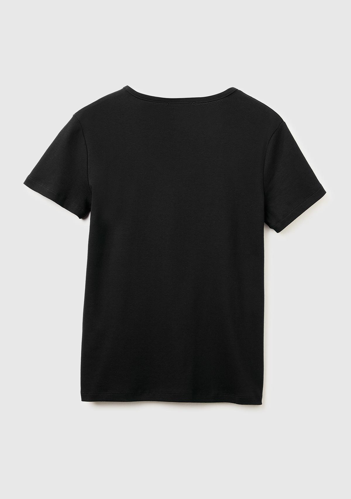 Kadın Siyah %100 Pamuk Geniş V Yaka T-Shirt