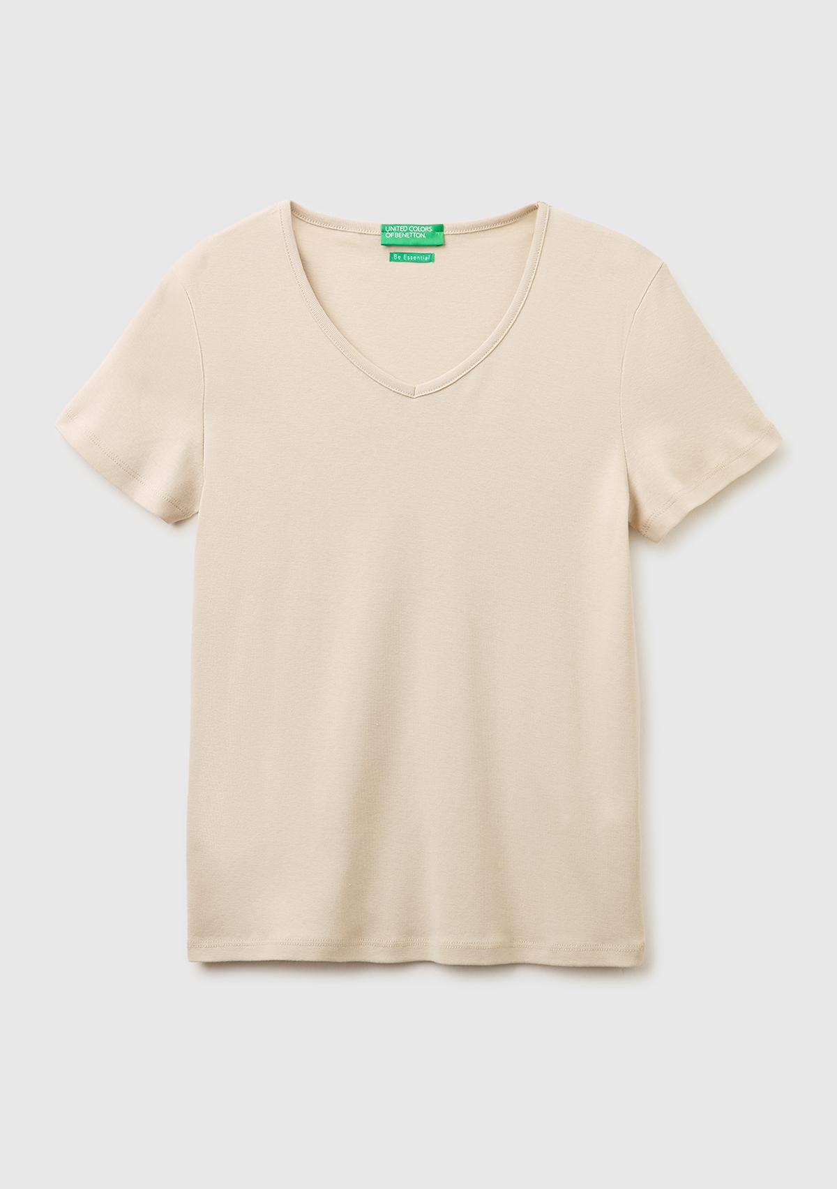 Kadın Taş %100 Pamuk Geniş V Yaka T-Shirt