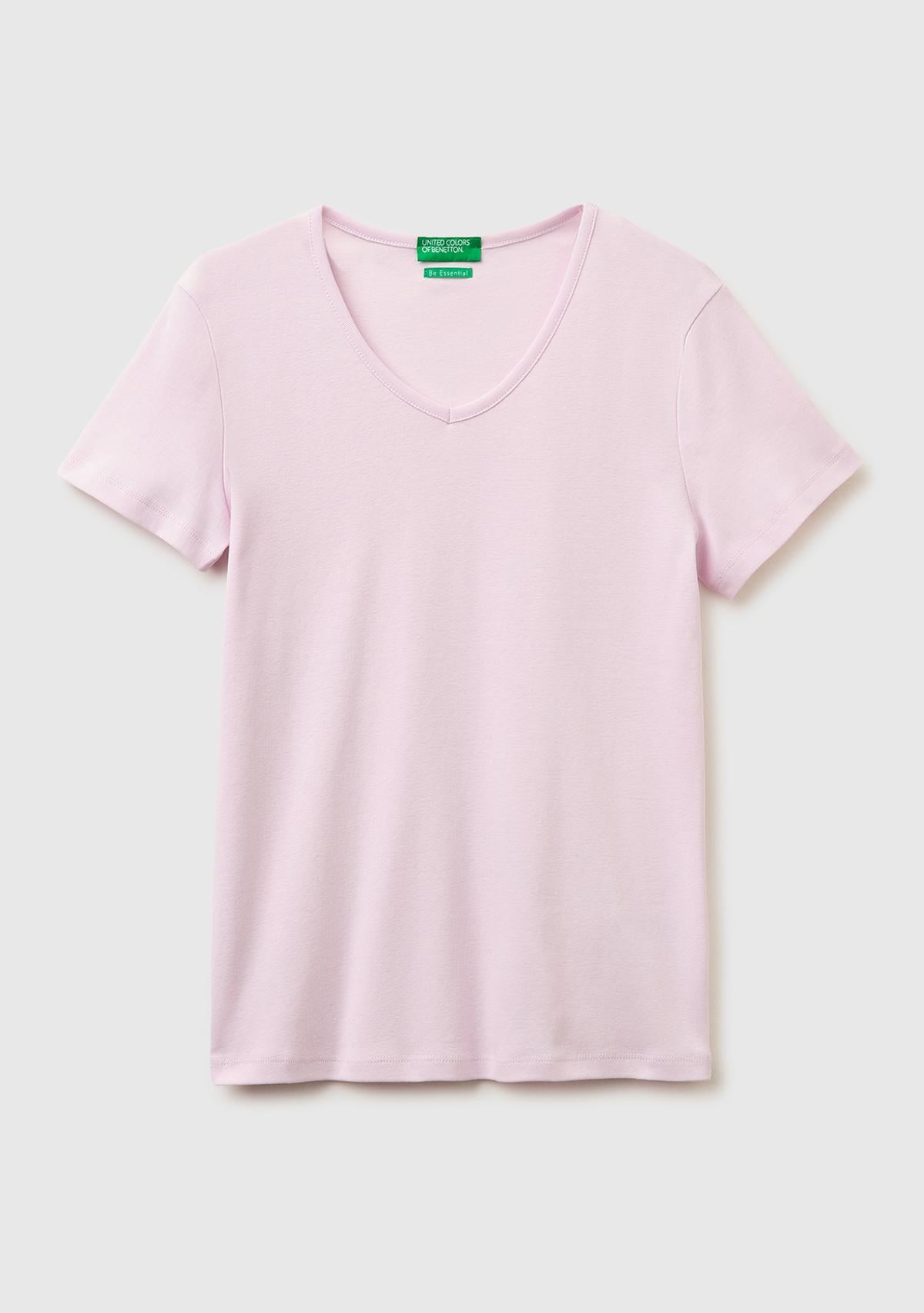 Kadın Açık Pembe %100 Pamuk Geniş V Yaka T-Shirt