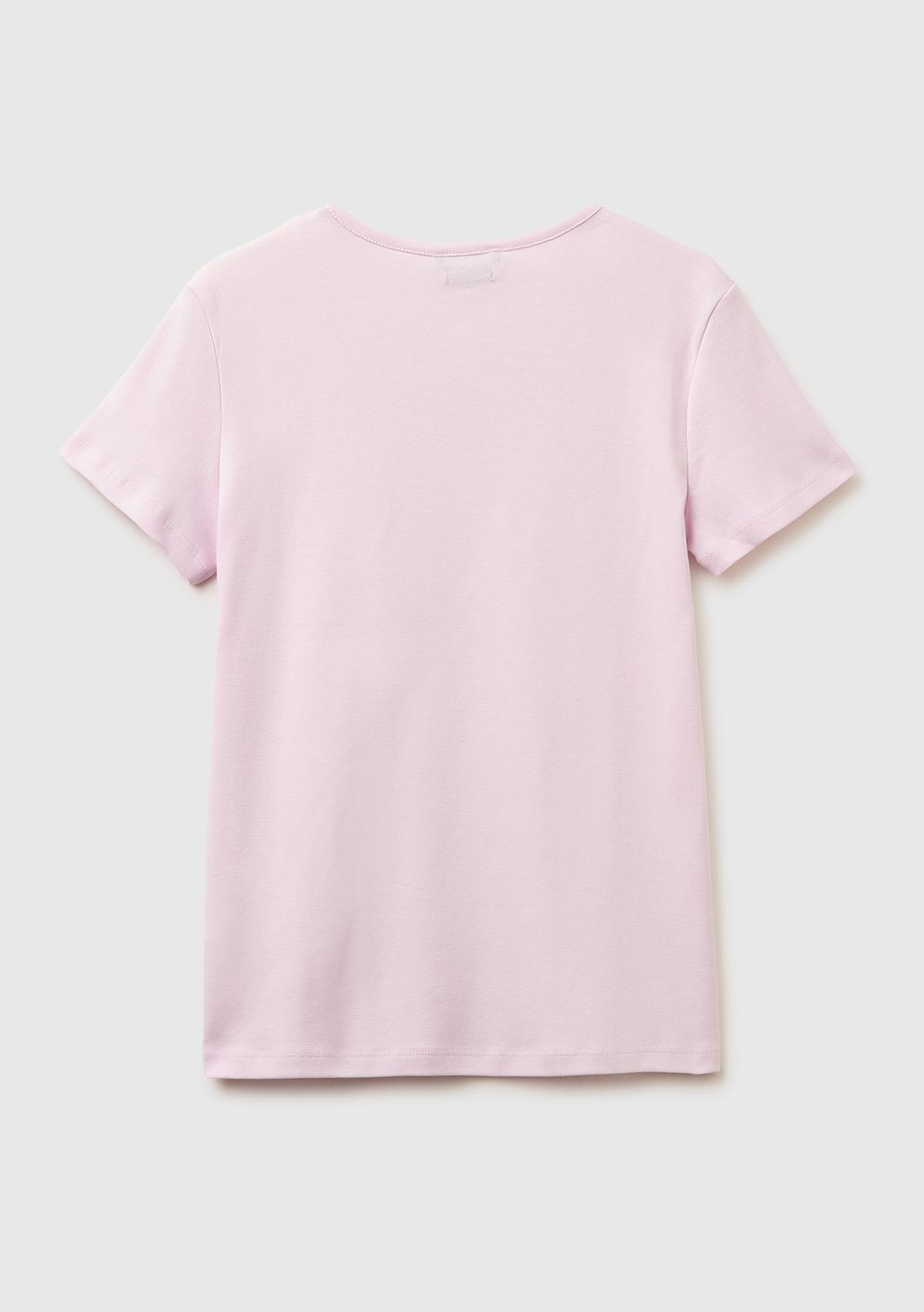 Kadın Açık Pembe %100 Pamuk Geniş V Yaka T-Shirt