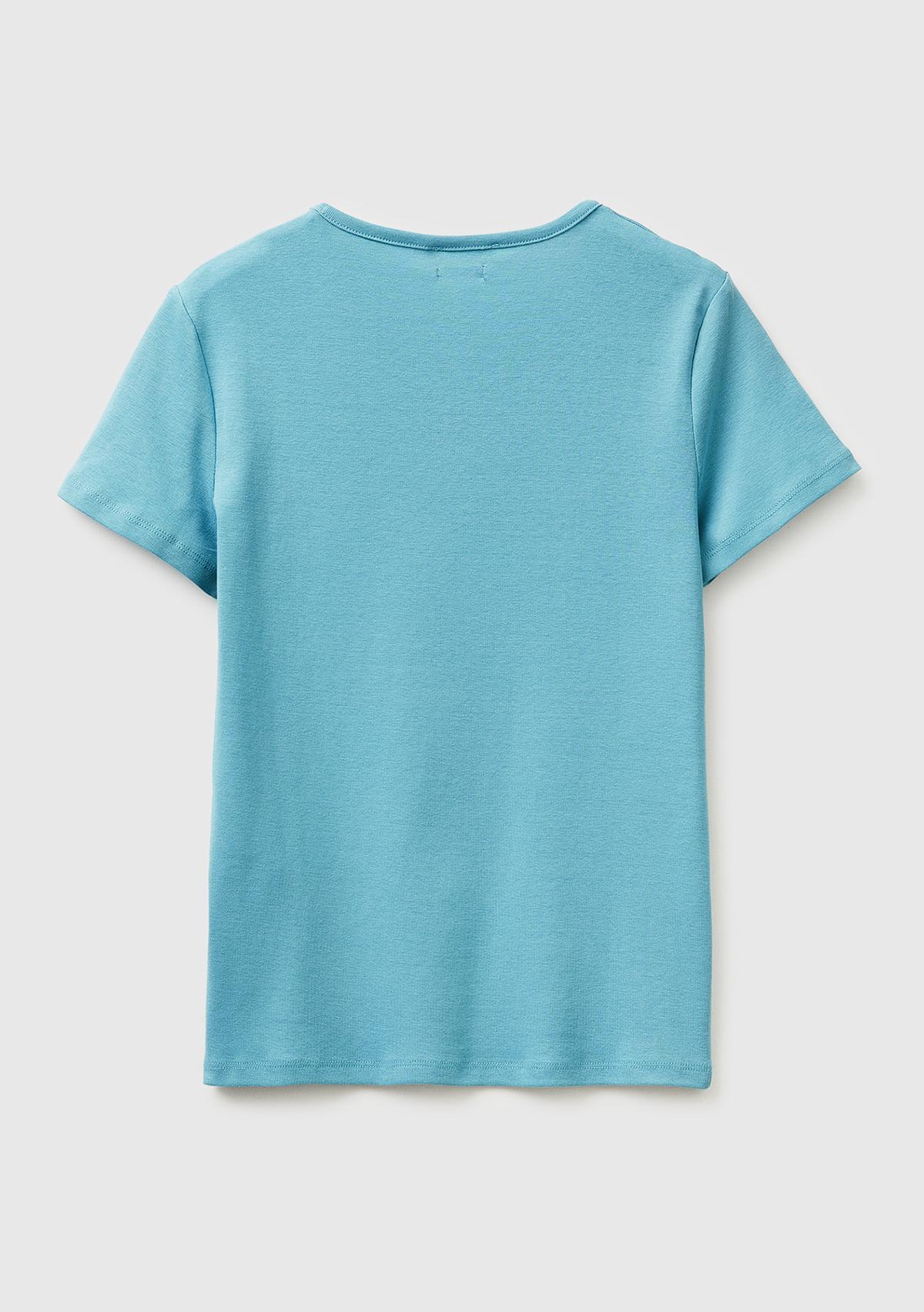 Kadın Açık Mavi %100 Pamuk Geniş V Yaka T-Shirt