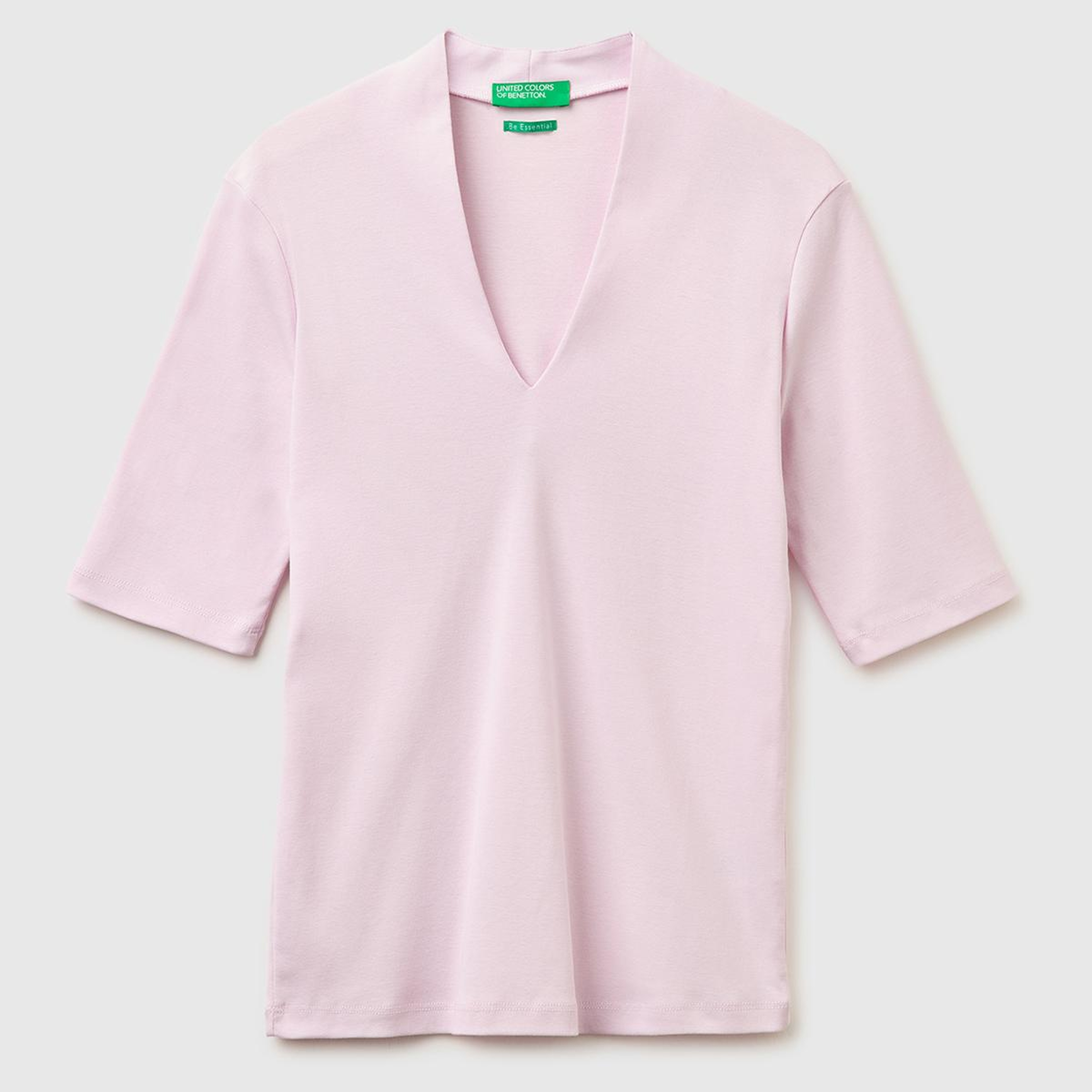 Kadın Açık Pembe %100 Pamuk Yarım Kollu Derin V Yaka T-Shirt