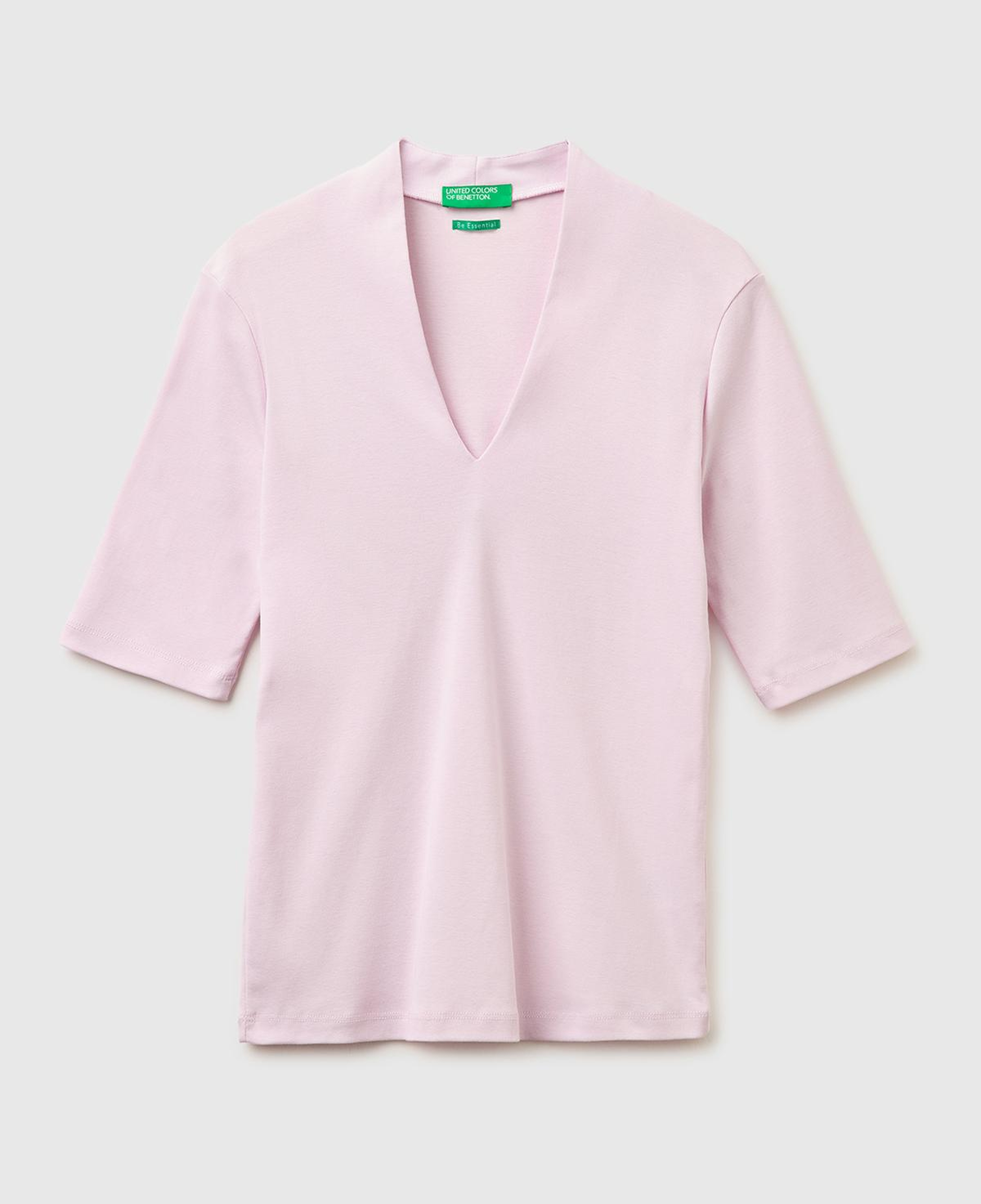Kadın Açık Pembe %100 Pamuk Yarım Kollu Derin V Yaka T-Shirt
