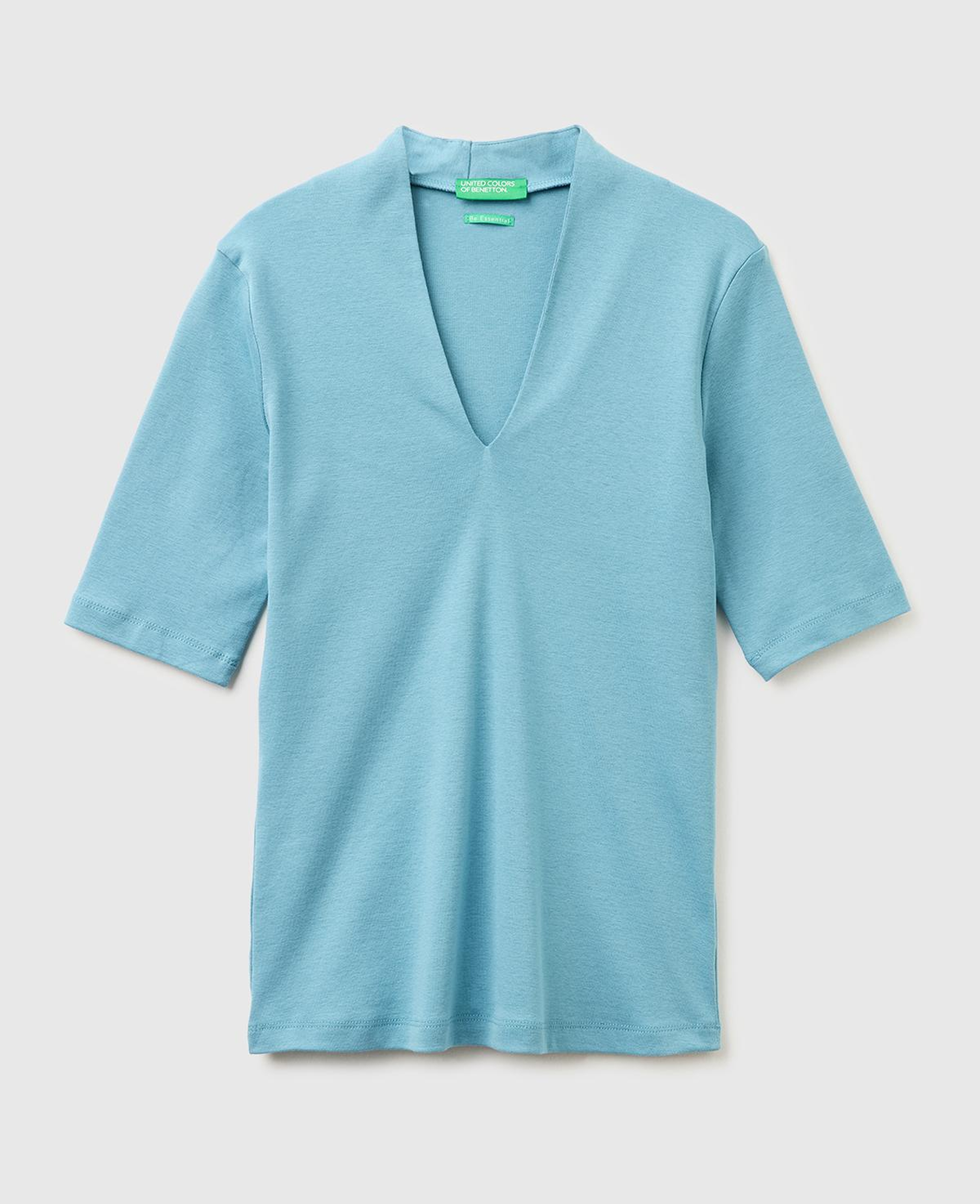 Kadın Mavi %100 Pamuk Yarım Kollu Derin V Yaka T-Shirt