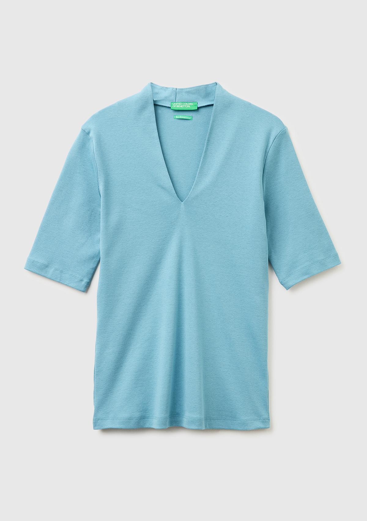 Kadın Mavi %100 Pamuk Yarım Kollu Derin V Yaka T-Shirt