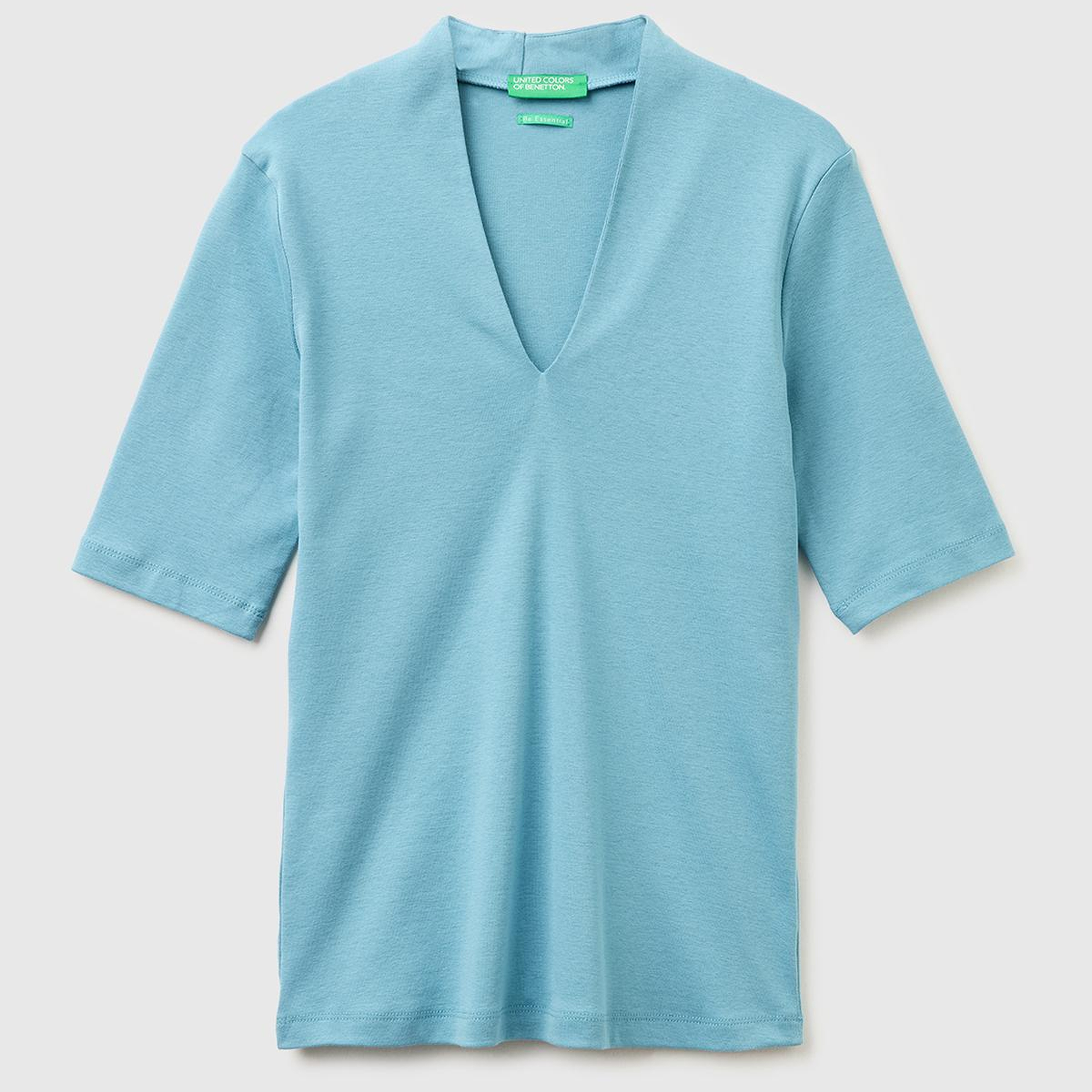 Kadın Mavi %100 Pamuk Yarım Kollu Derin V Yaka T-Shirt