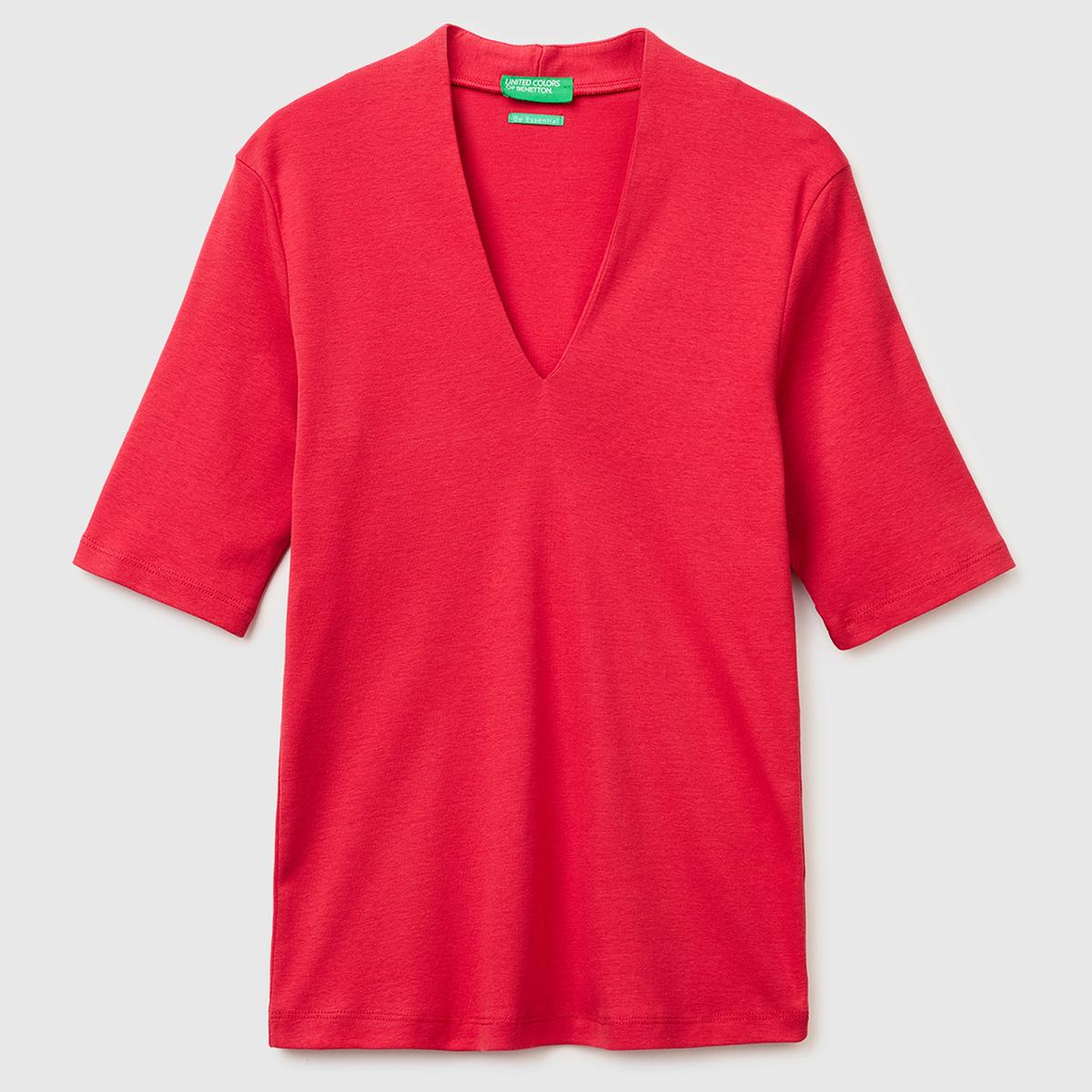 Kadın Kırmızı %100 Pamuk Yarım Kollu Derin V Yaka T-Shirt