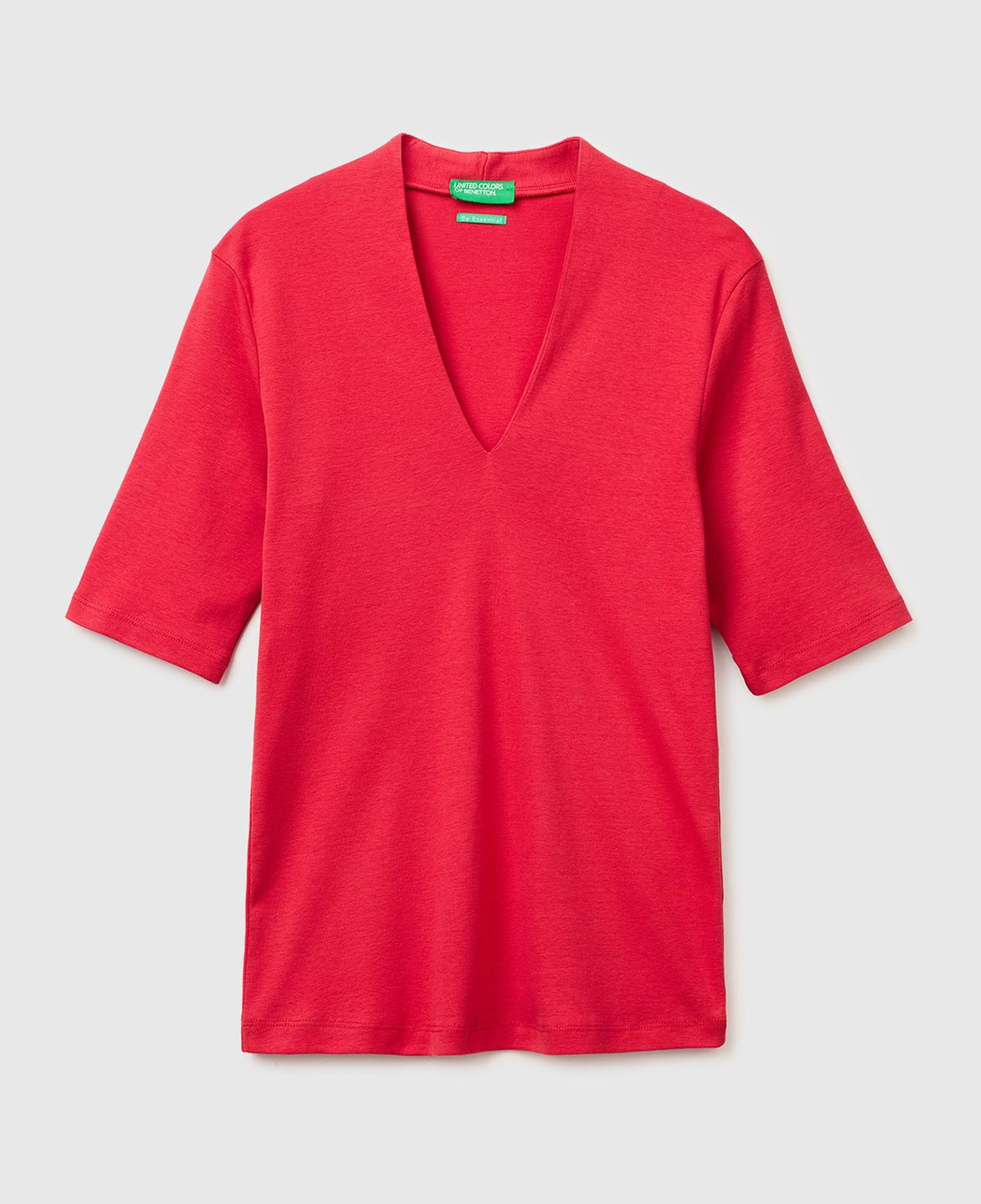 Kadın Kırmızı %100 Pamuk Yarım Kollu Derin V Yaka T-Shirt