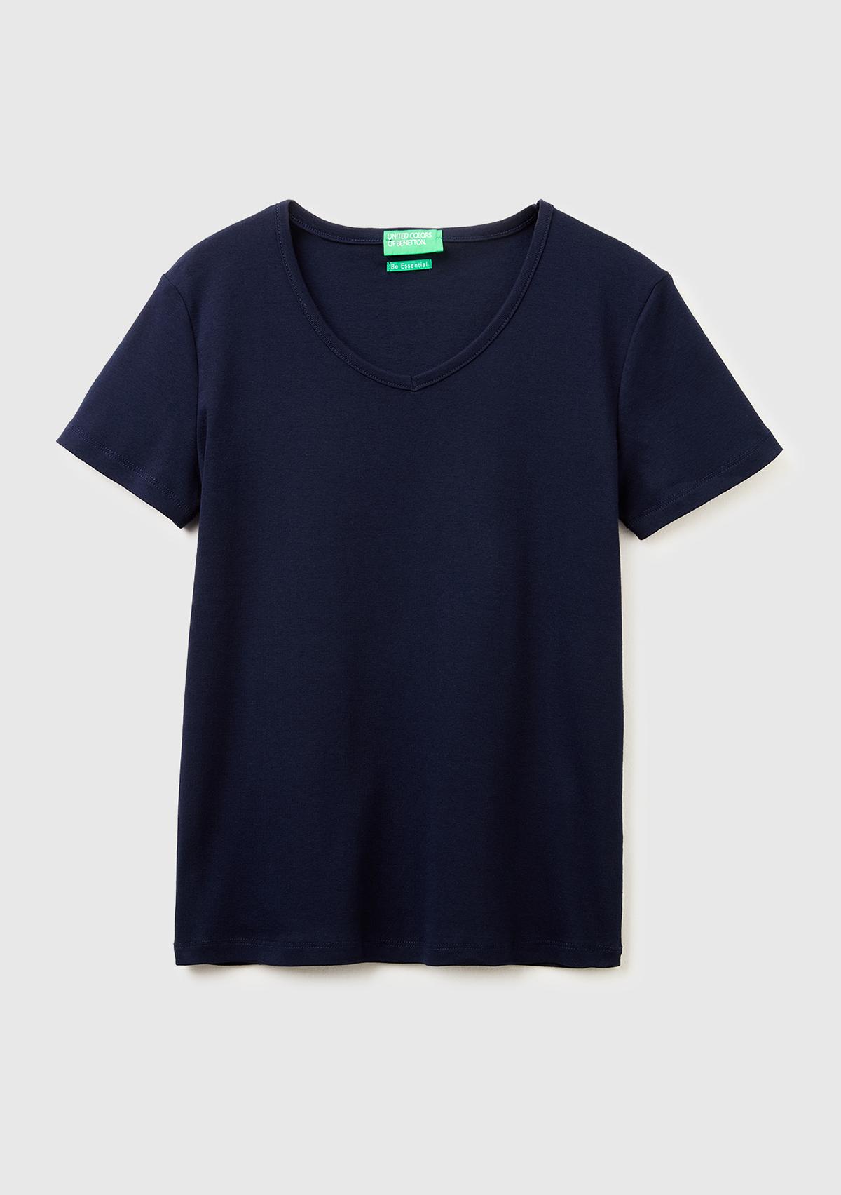Kadın Lacivert %100 Pamuk Geniş V Yaka T-Shirt