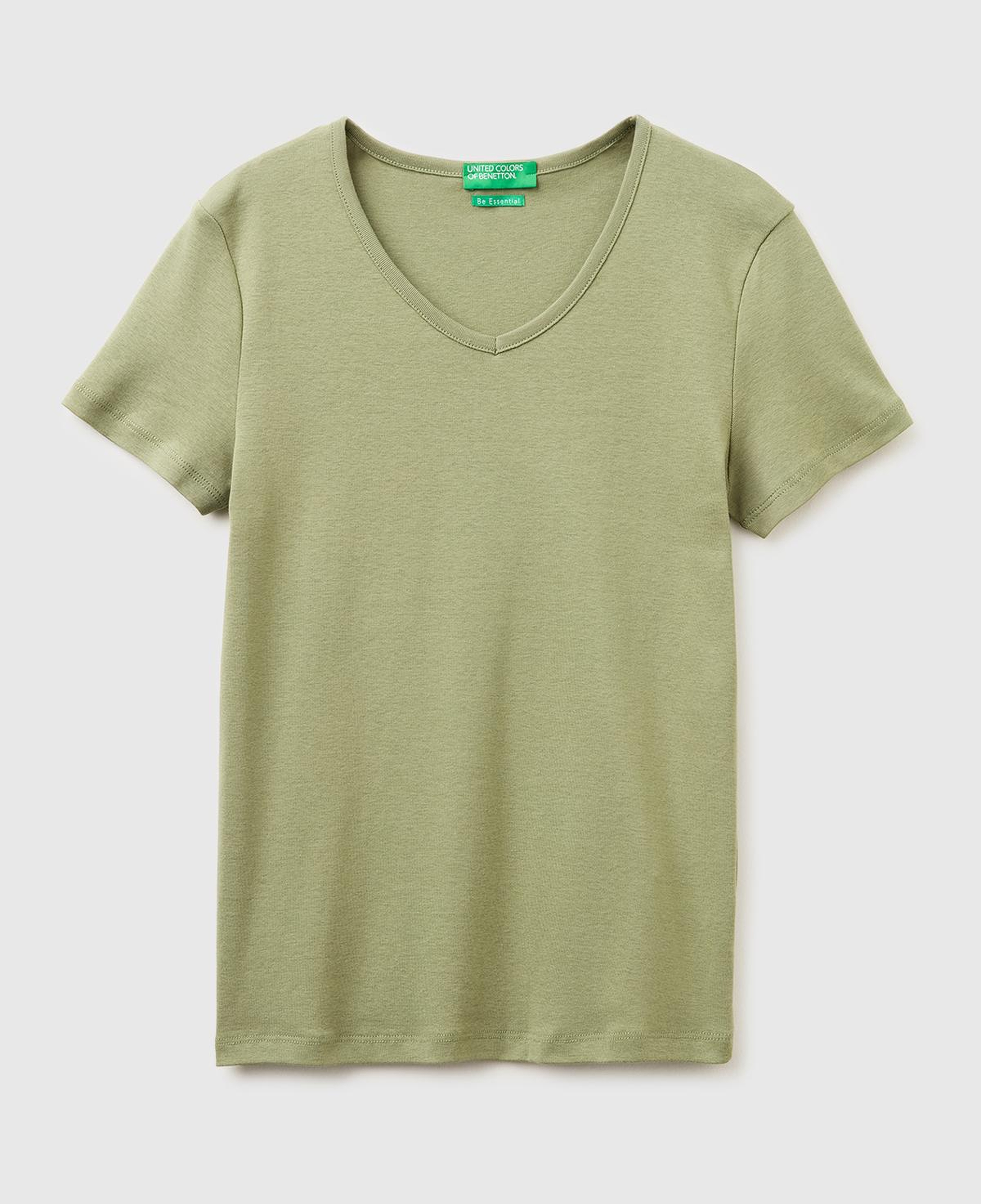 Kadın Haki %100 Pamuk Geniş V Yaka T-Shirt
