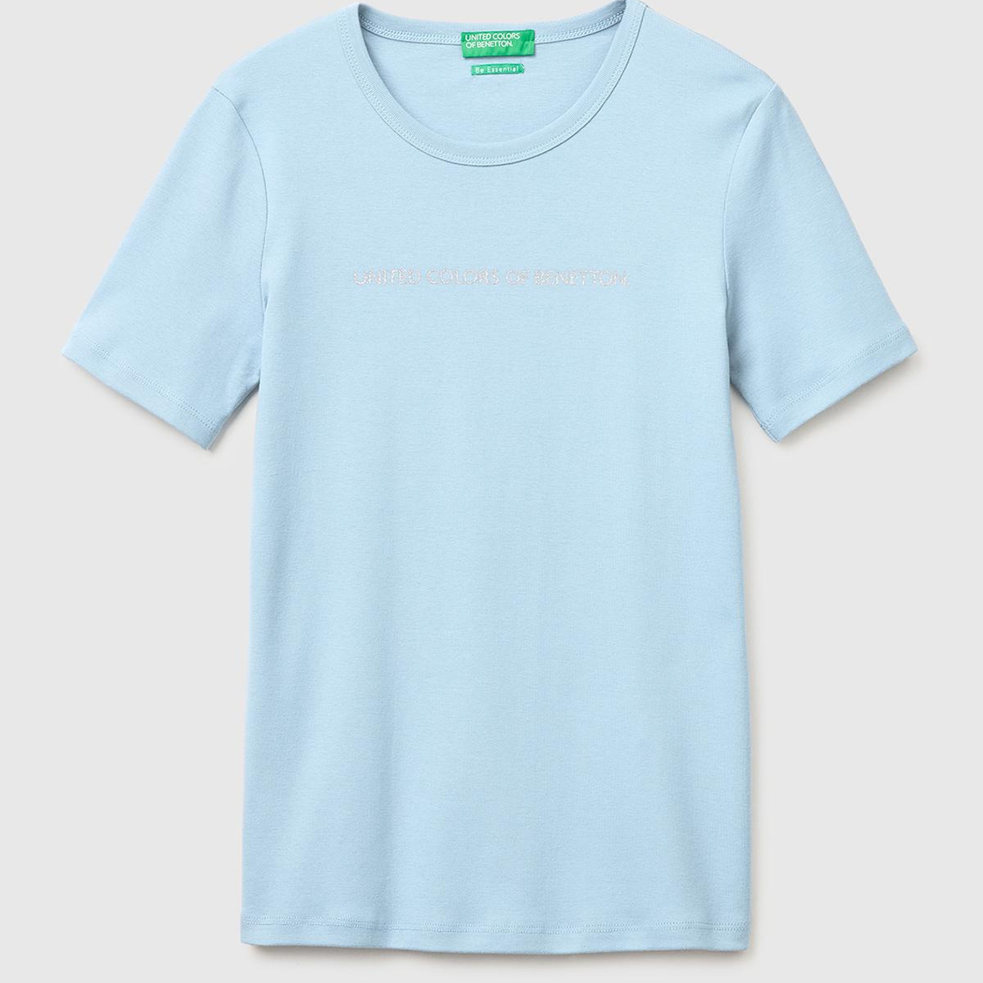 Kadın Açık Mavi %100 Pamuk Logo Baskılı Bisiklet Yaka T-Shirt