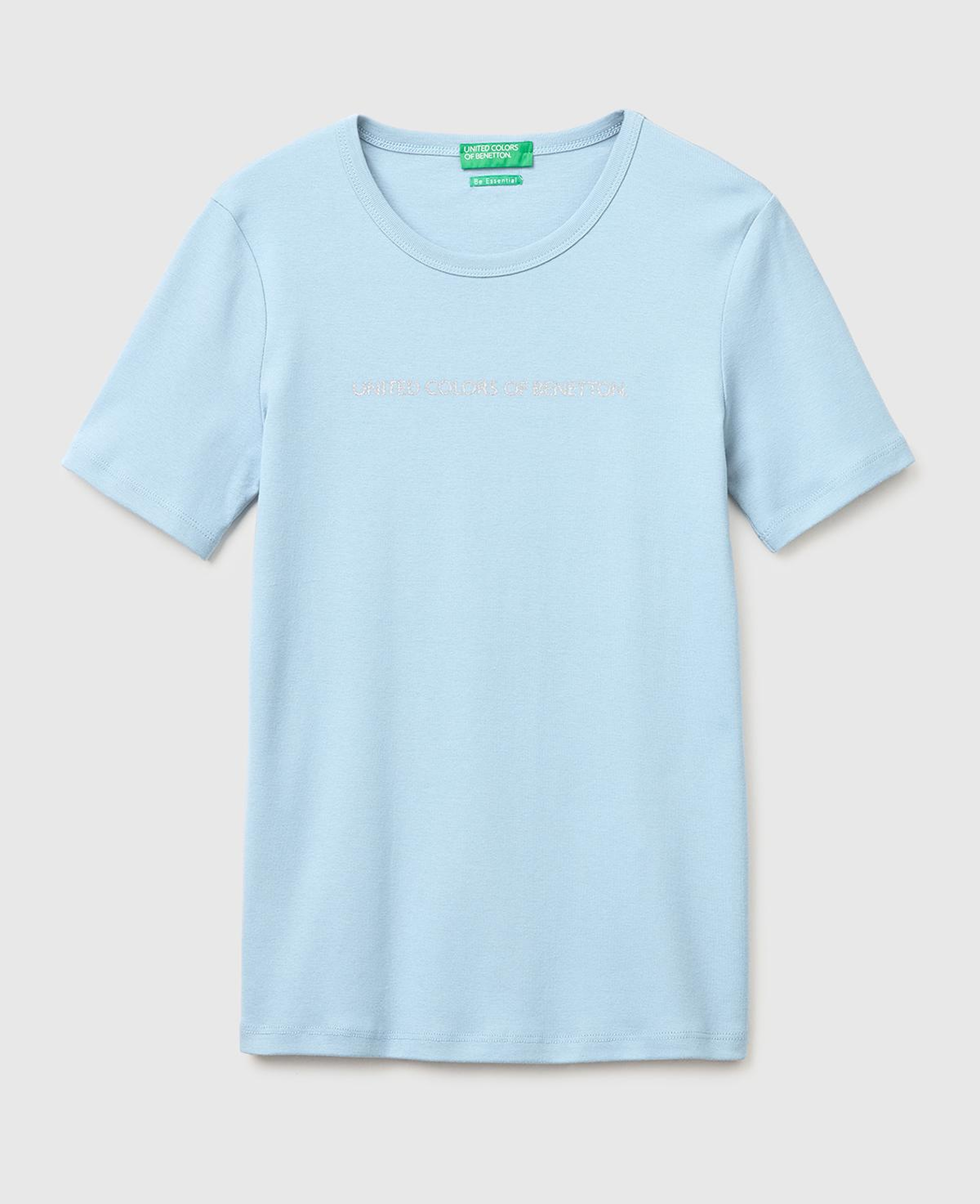 Kadın Açık Mavi %100 Pamuk Logo Baskılı Bisiklet Yaka T-Shirt