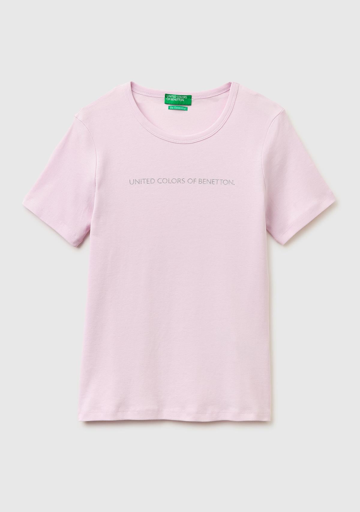 Kadın Açık Pembe %100 Pamuk Logo Baskılı Bisiklet Yaka T-Shirt