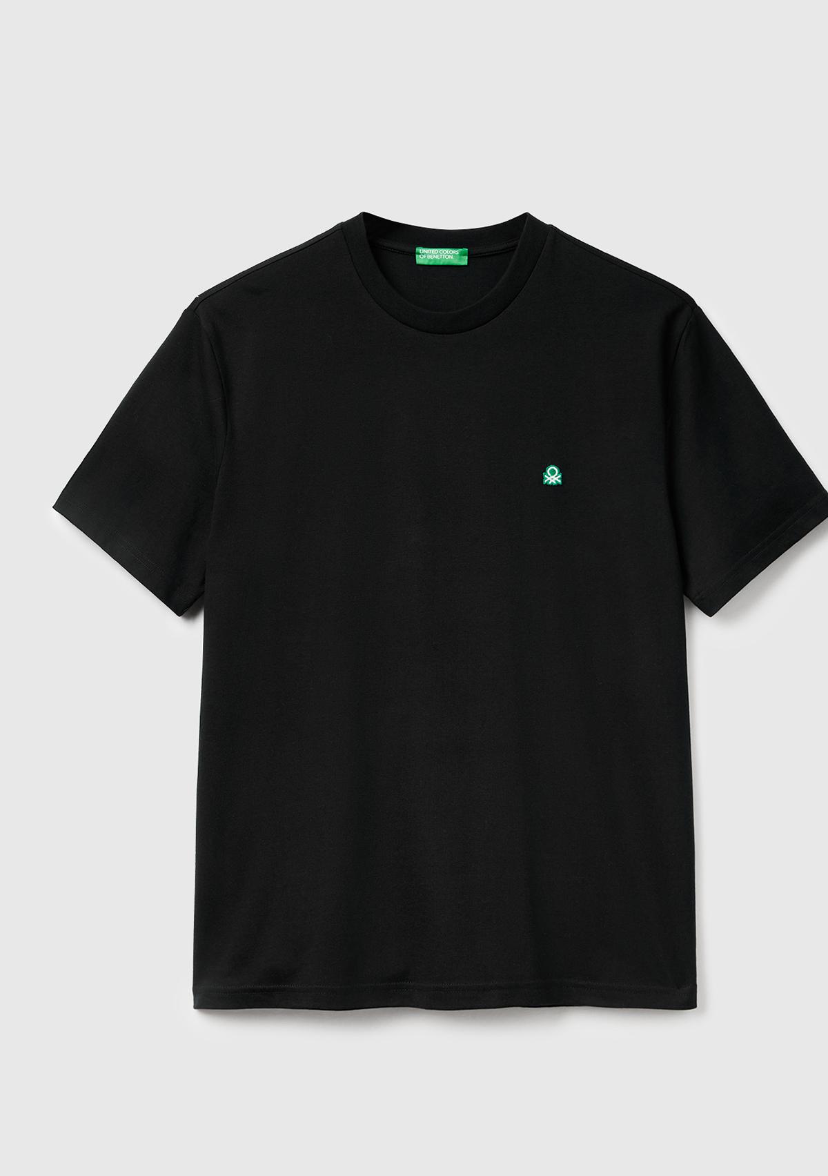 Erkek Siyah %100 Koton Logolu Bisiklet Yaka T-Shirt