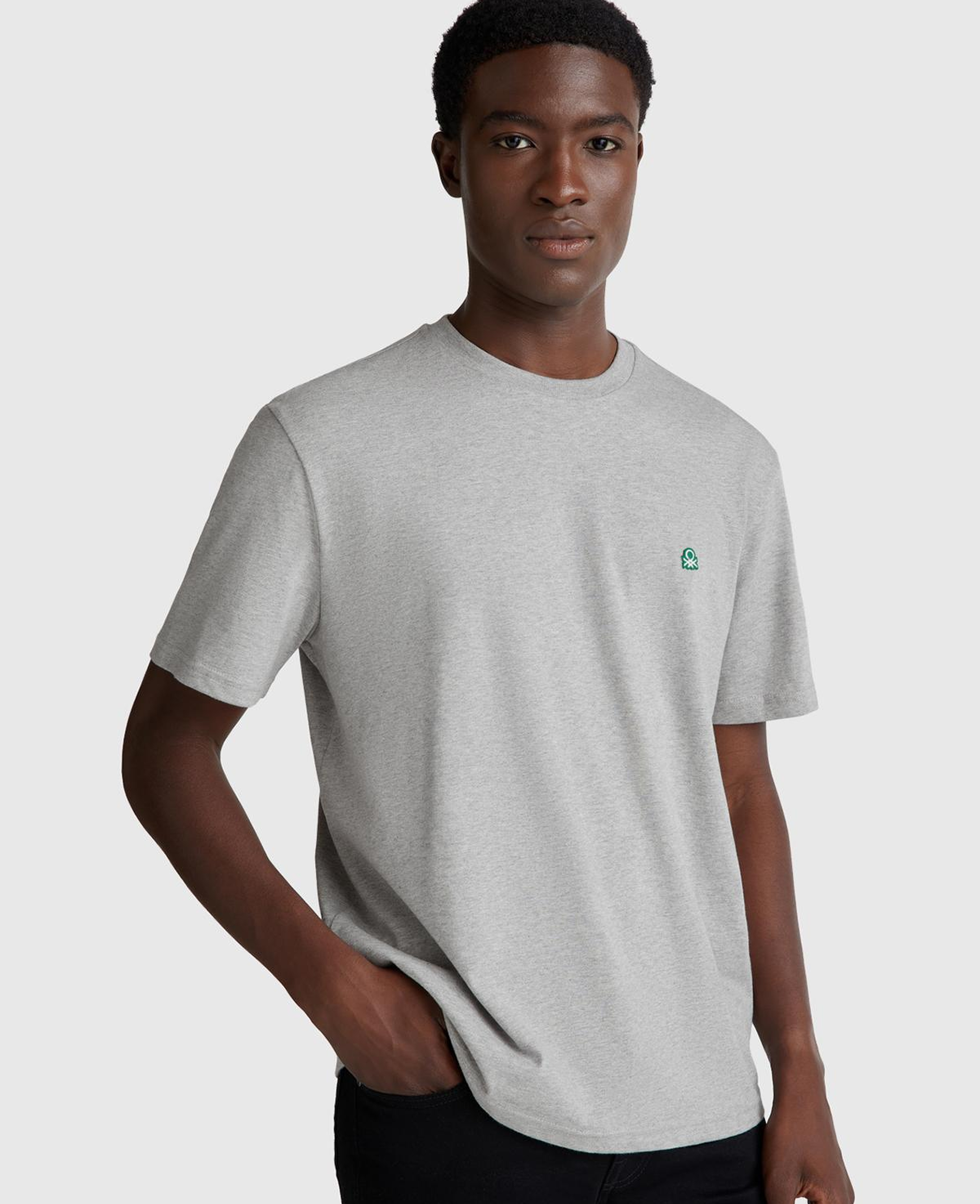 Erkek Gri Melanj %100 Koton Logolu Bisiklet Yaka T-Shirt