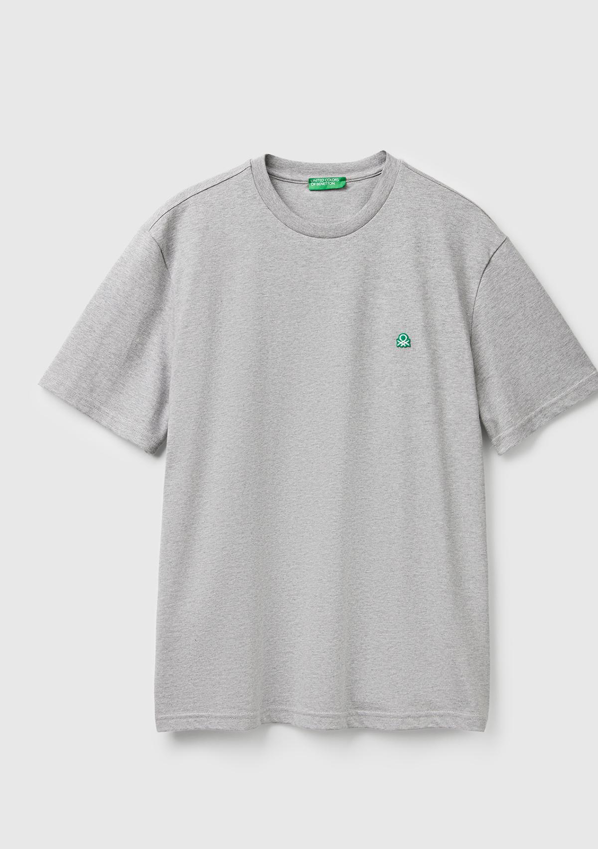 Erkek Gri Melanj %100 Koton Logolu Bisiklet Yaka T-Shirt