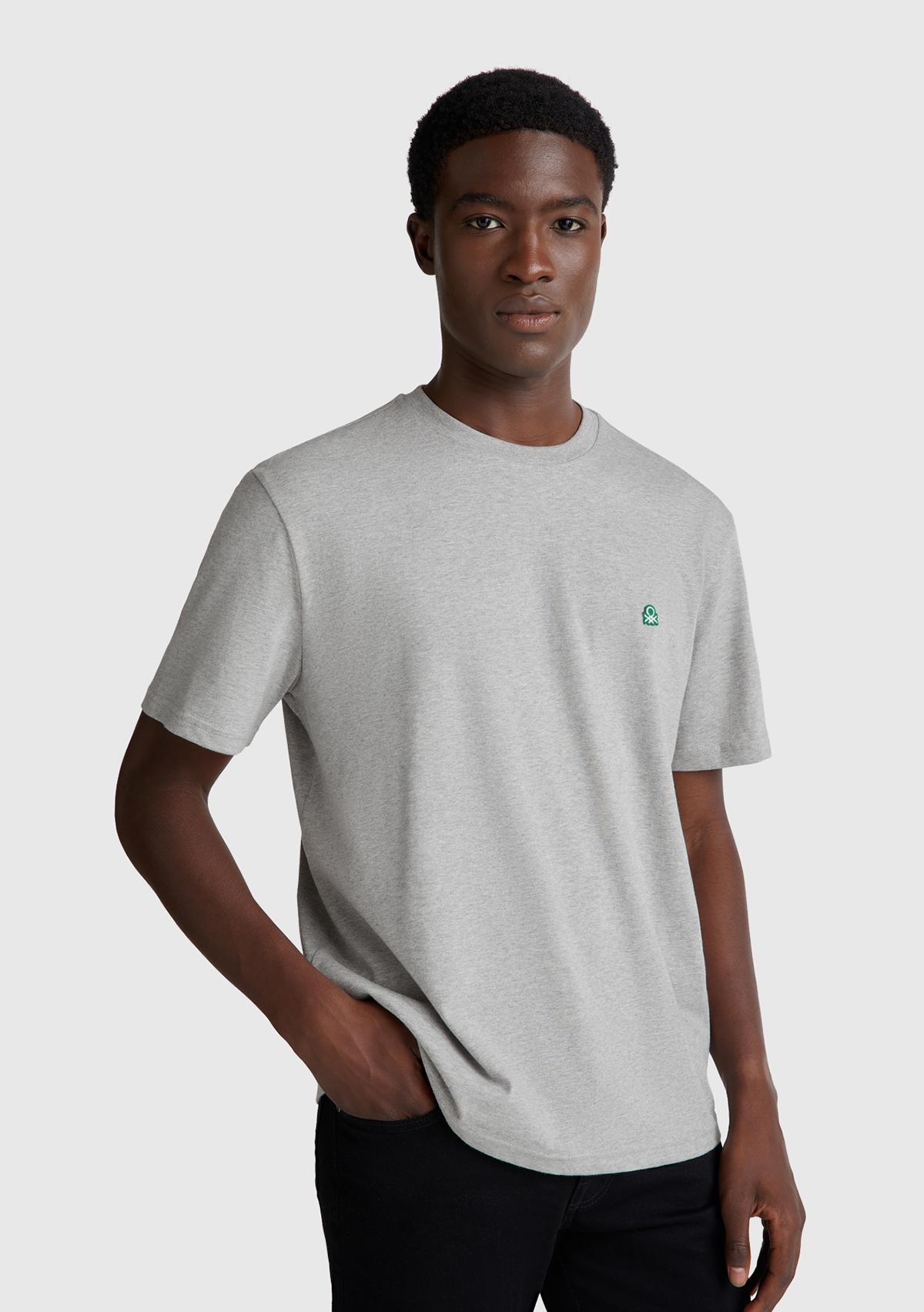 Erkek Gri Melanj %100 Koton Logolu Bisiklet Yaka T-Shirt