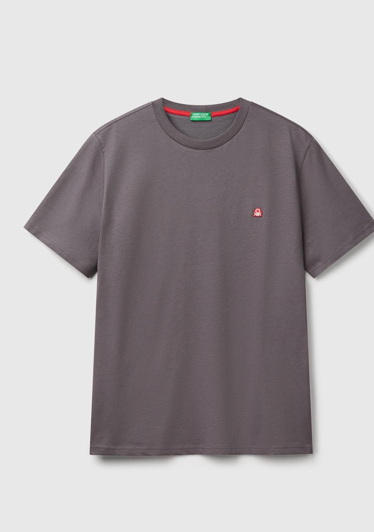 Erkek Koyu Gri %100 Koton Logolu Bisiklet Yaka T-Shirt