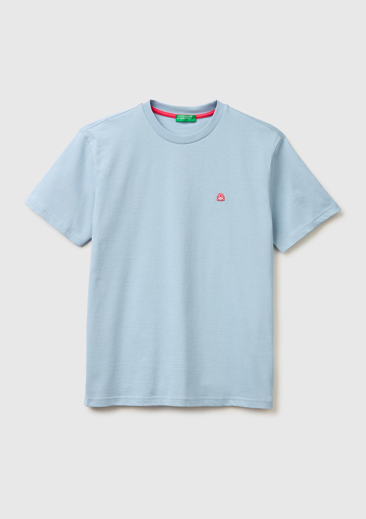 Erkek Açık Mavi %100 Koton Logolu Bisiklet Yaka T-Shirt