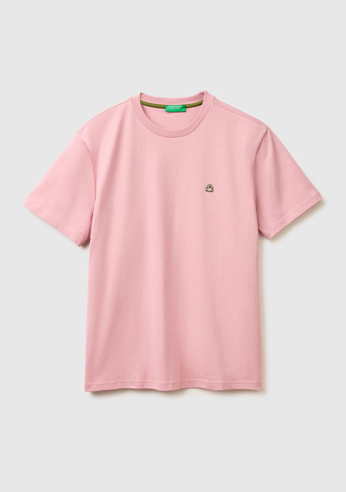 Erkek Pembe %100 Koton Logolu Bisiklet Yaka T-Shirt